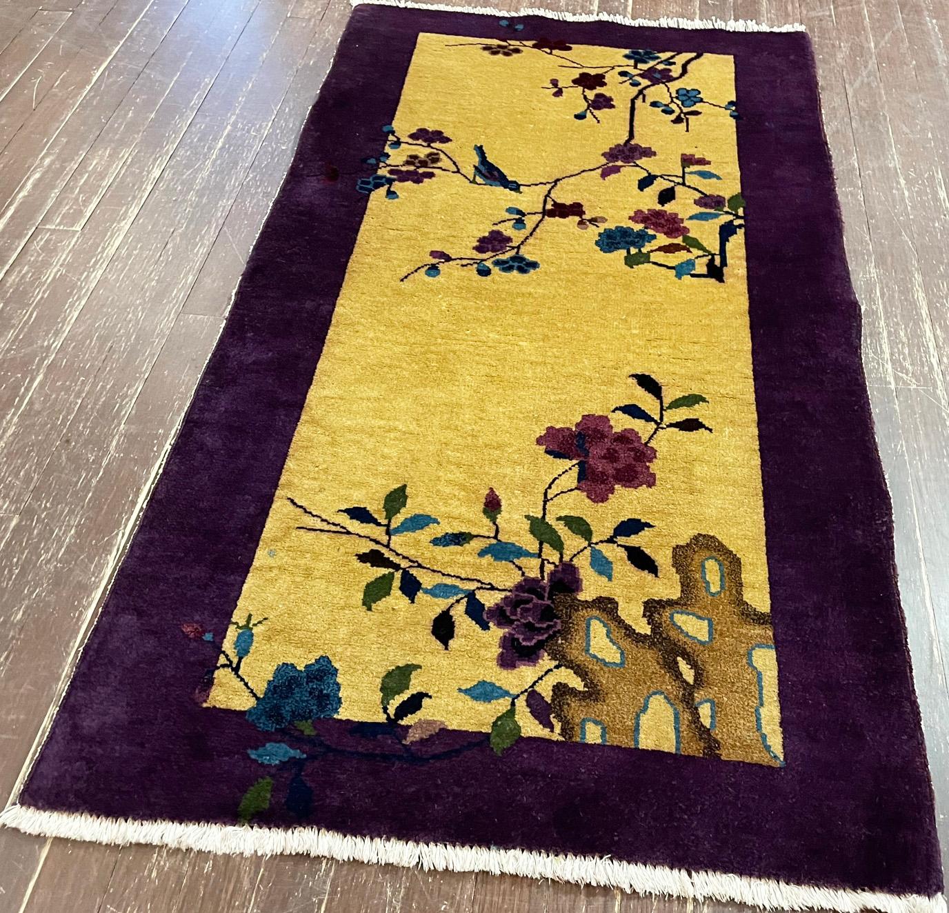 Antique Art Deco Chinese Rug, c-1920, Curious Bird For Sale 1