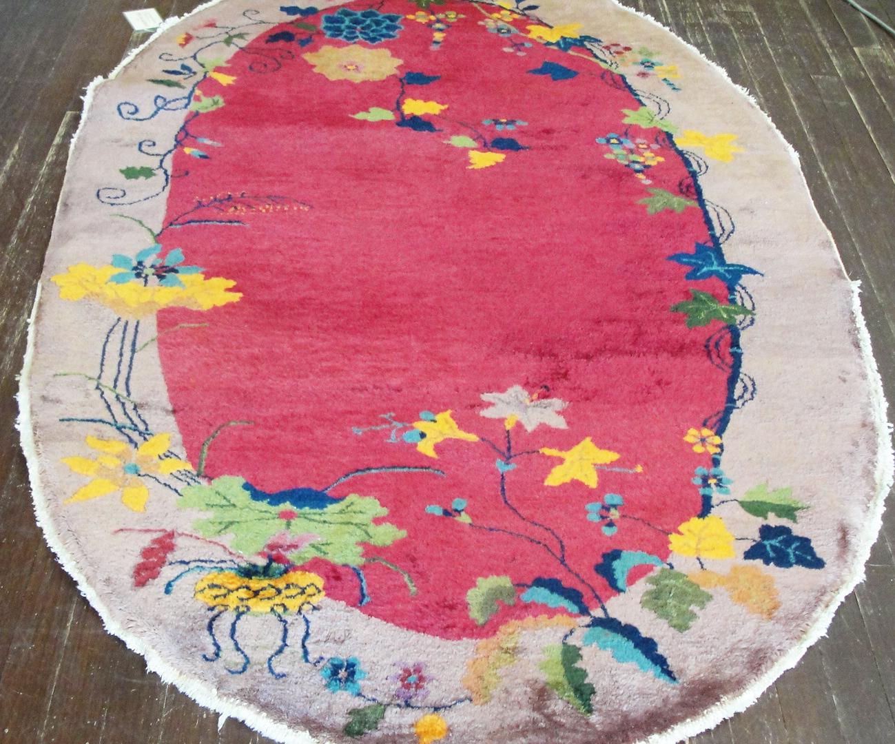 Hand-Knotted Antique Art Deco Chinese Rug Oval For Sale