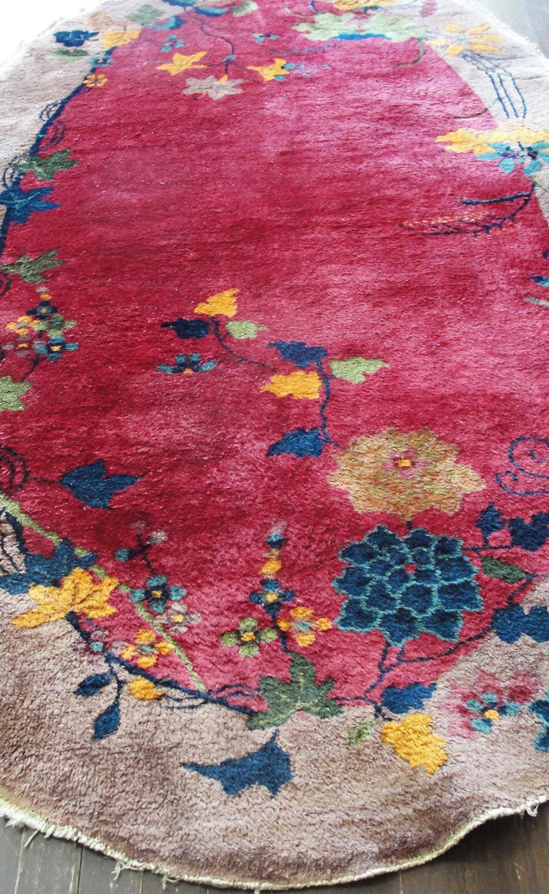Wool Antique Art Deco Chinese Rug Oval For Sale