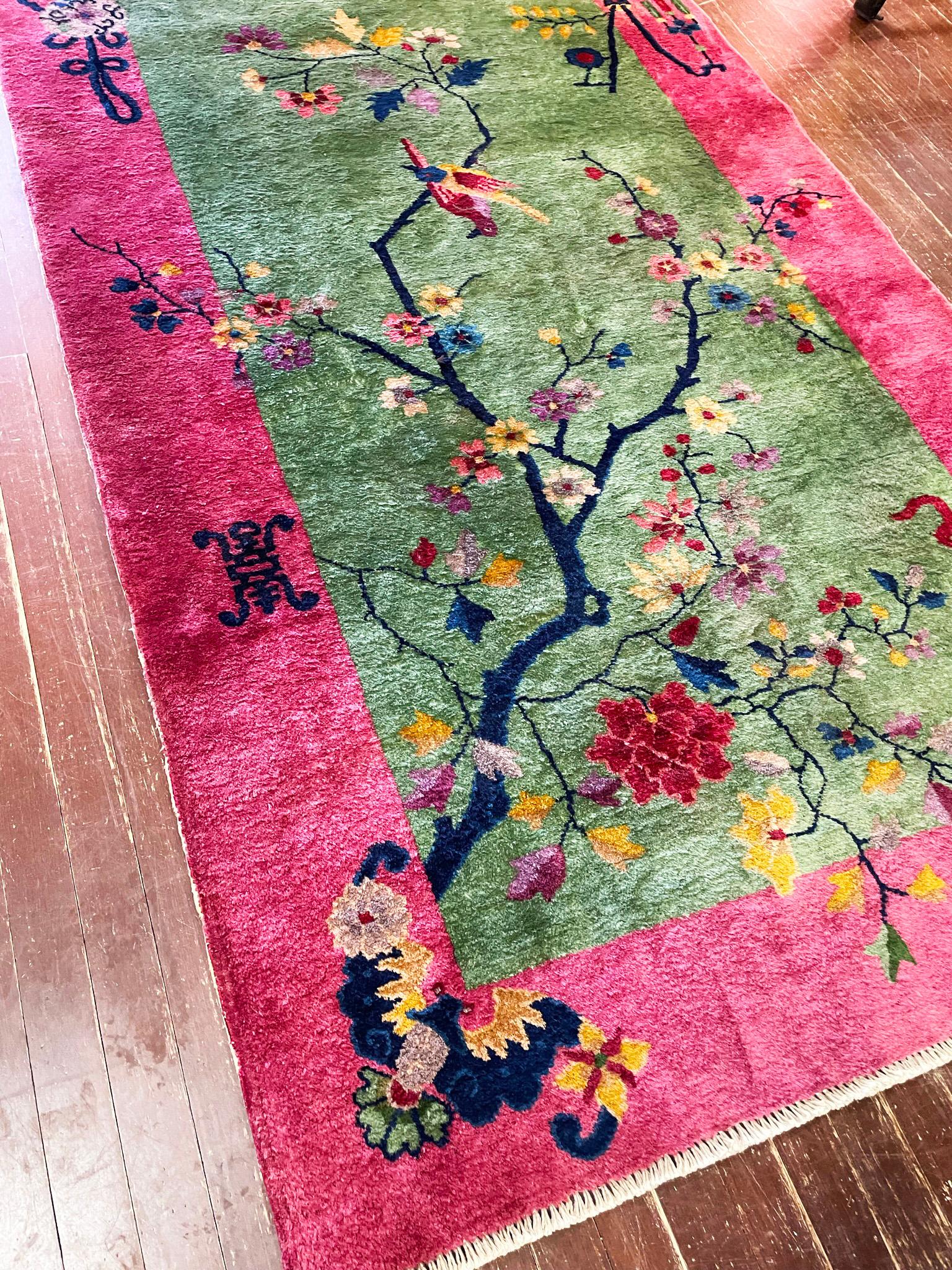Antique Art Deco Chinese Rug the Bird Lovers, Signed 5