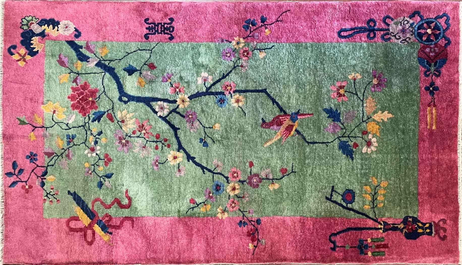 Antique Art Deco Chinese Rug the Bird Lovers, Signed 6