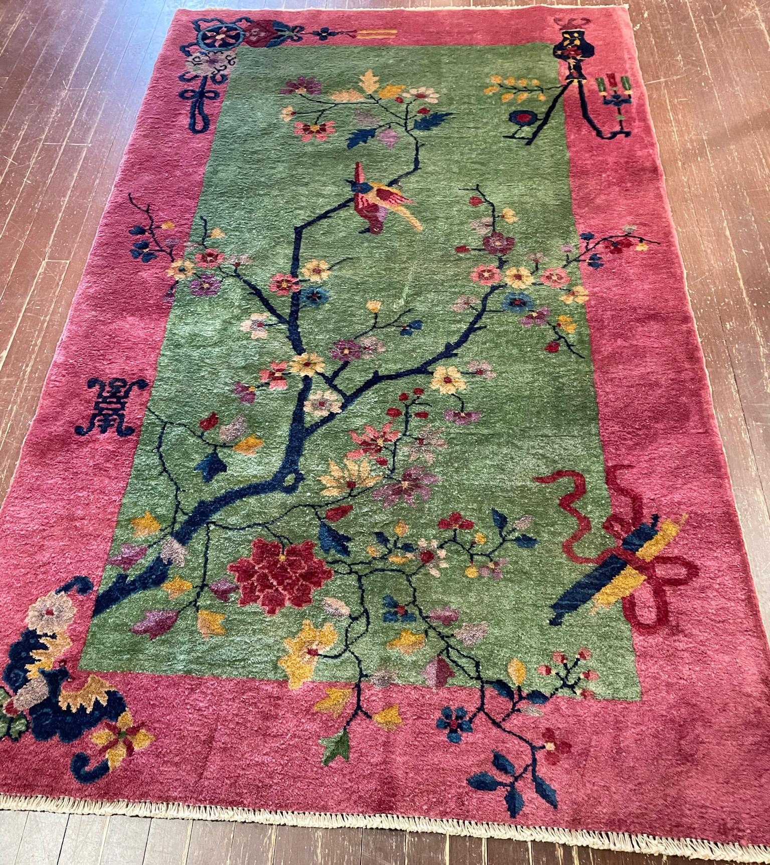 Hand-Knotted Antique Art Deco Chinese Rug the Bird Lovers, Signed