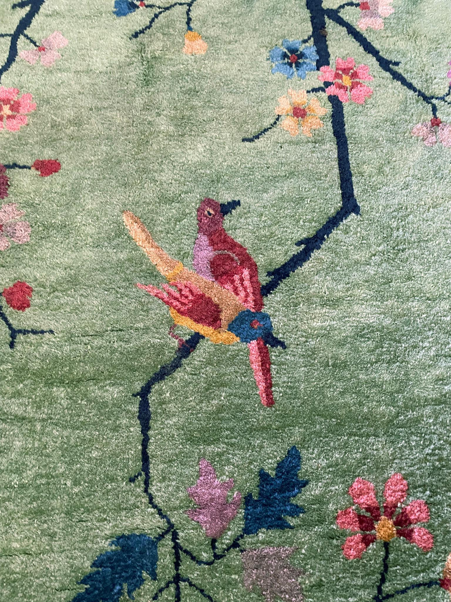 Wool Antique Art Deco Chinese Rug the Bird Lovers, Signed