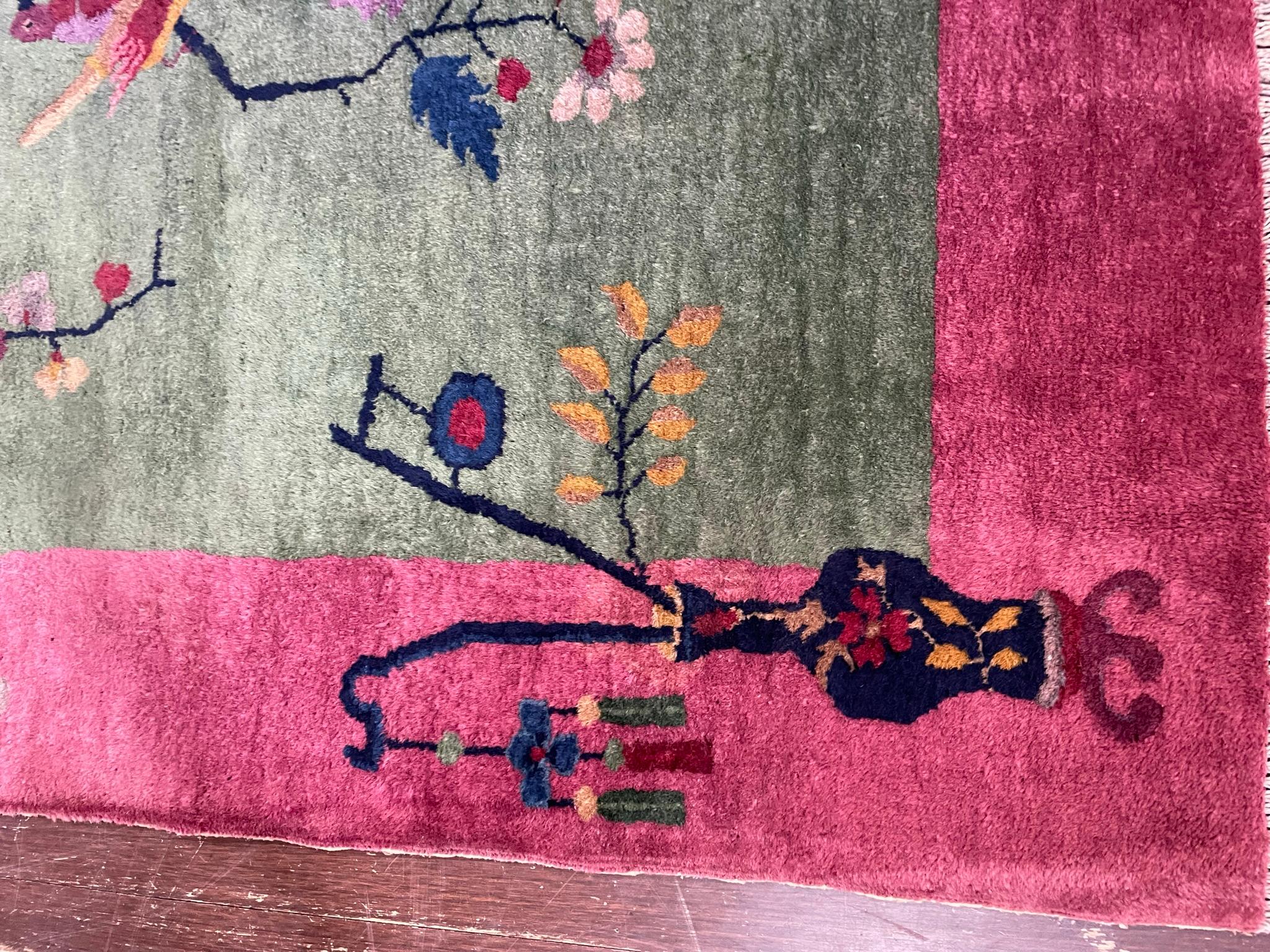 Antique Art Deco Chinese Rug the Bird Lovers, Signed 1