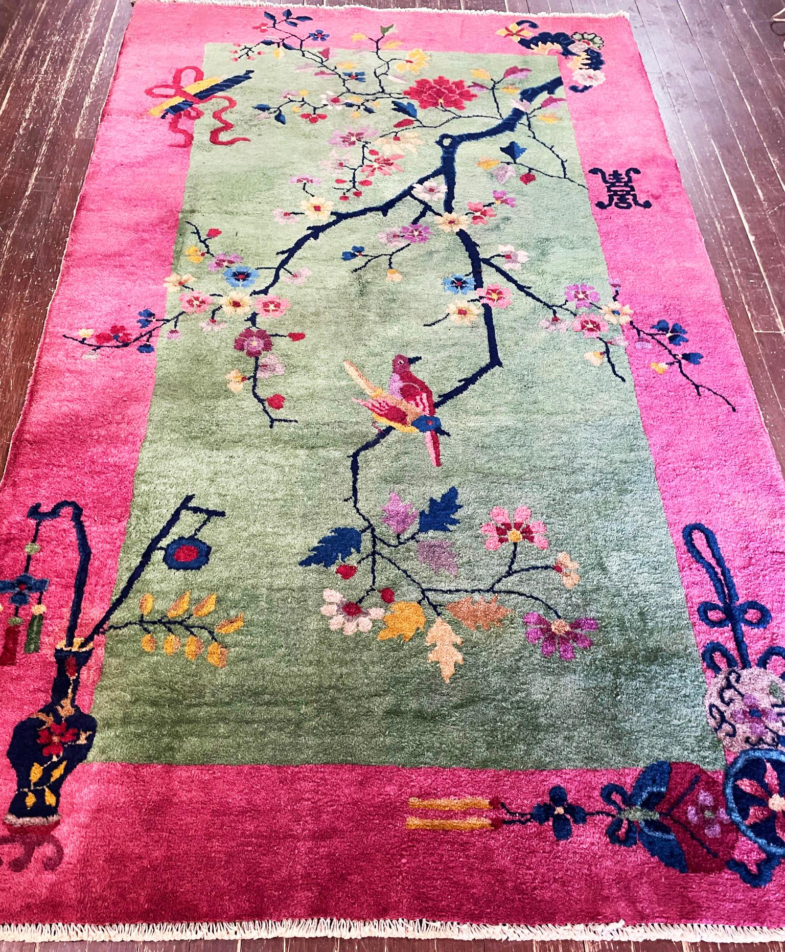 Antique Art Deco Chinese Rug the Bird Lovers, Signed 2