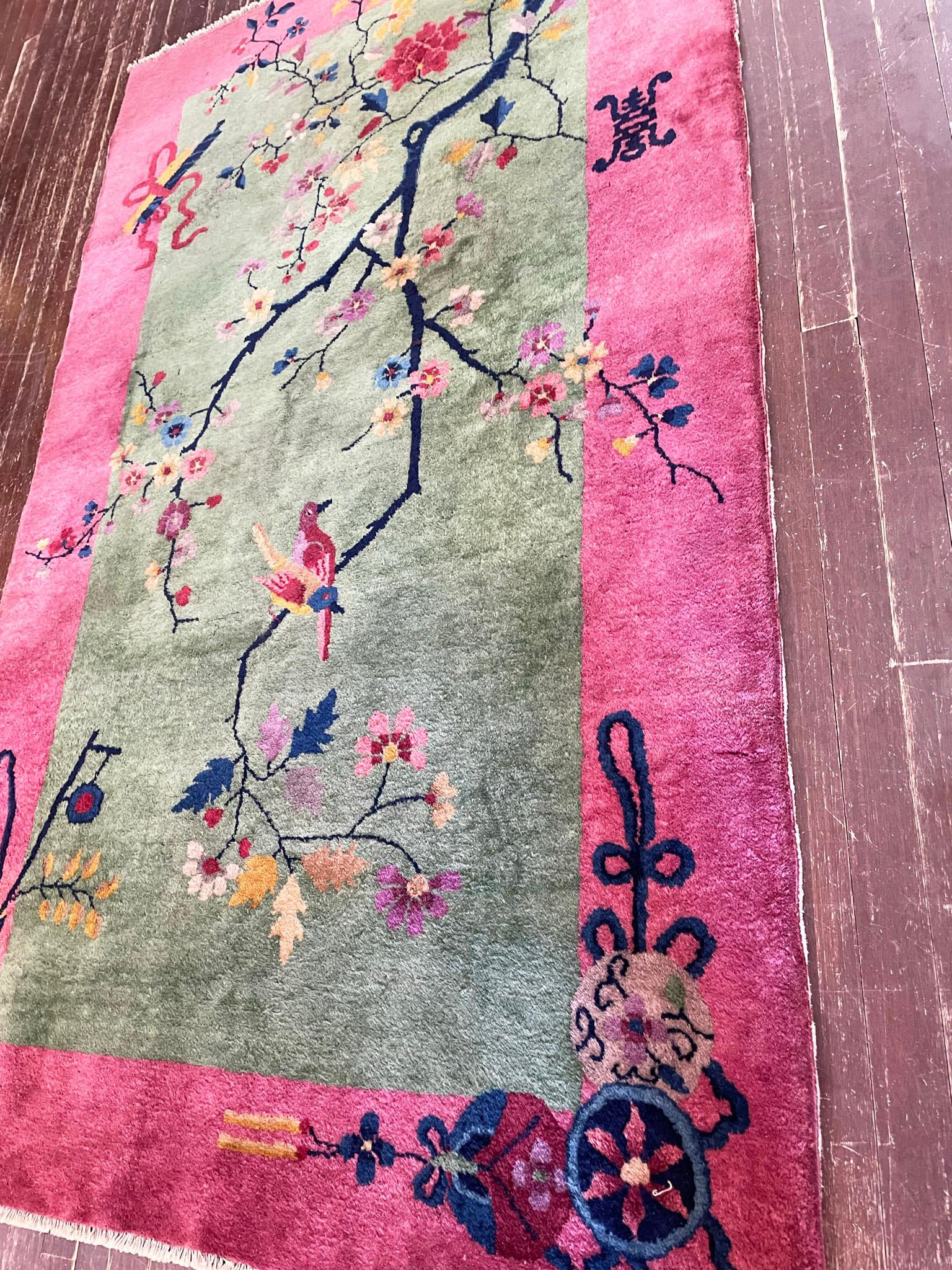 Antique Art Deco Chinese Rug the Bird Lovers, Signed 3