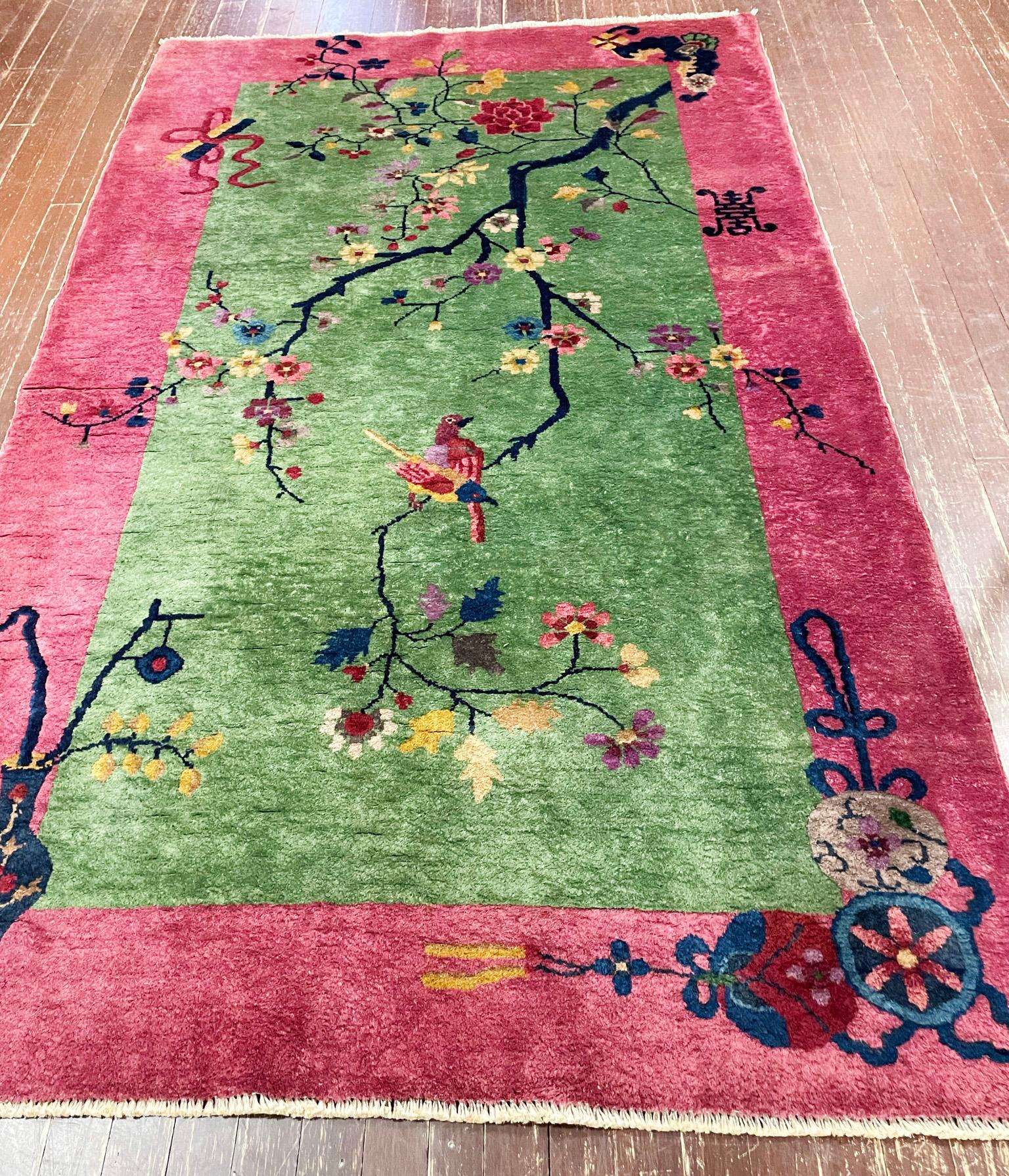 Wool Antique Art Deco Chinese Rug, The Bird Lovers, Signed