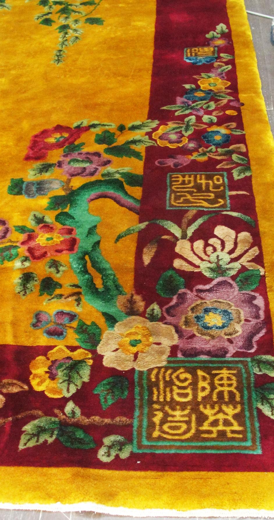 Hand-Knotted Antique Art Deco Chinese Rug Signed, c-1920, Gold color For Sale