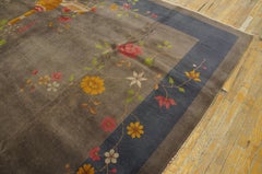 1920s Brown Floral Birds Antique Chinese Art Deco Carpet 9'10" x 13'6" Wool Rug
