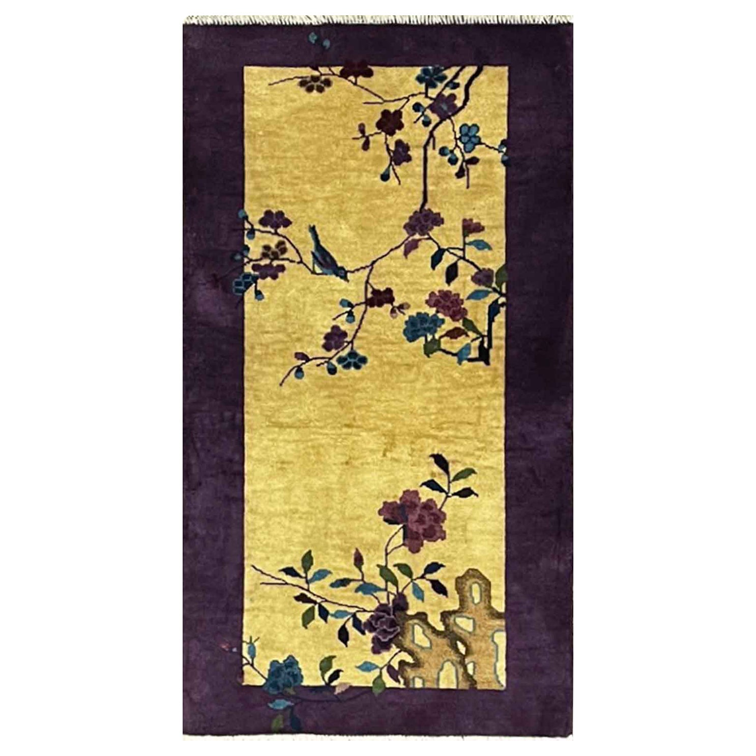 Tapis chinois Art déco ancien, vers 1920, Oiseau curieux