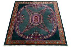 Antique Art Deco Chinese Rug: Emerald & Terracotta Neo-Classical Medallion 8x10