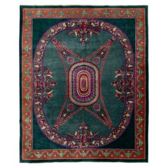 Antique Art Deco Chinese Rug: Emerald & Terracotta Neo-Classical Medallion 8x10