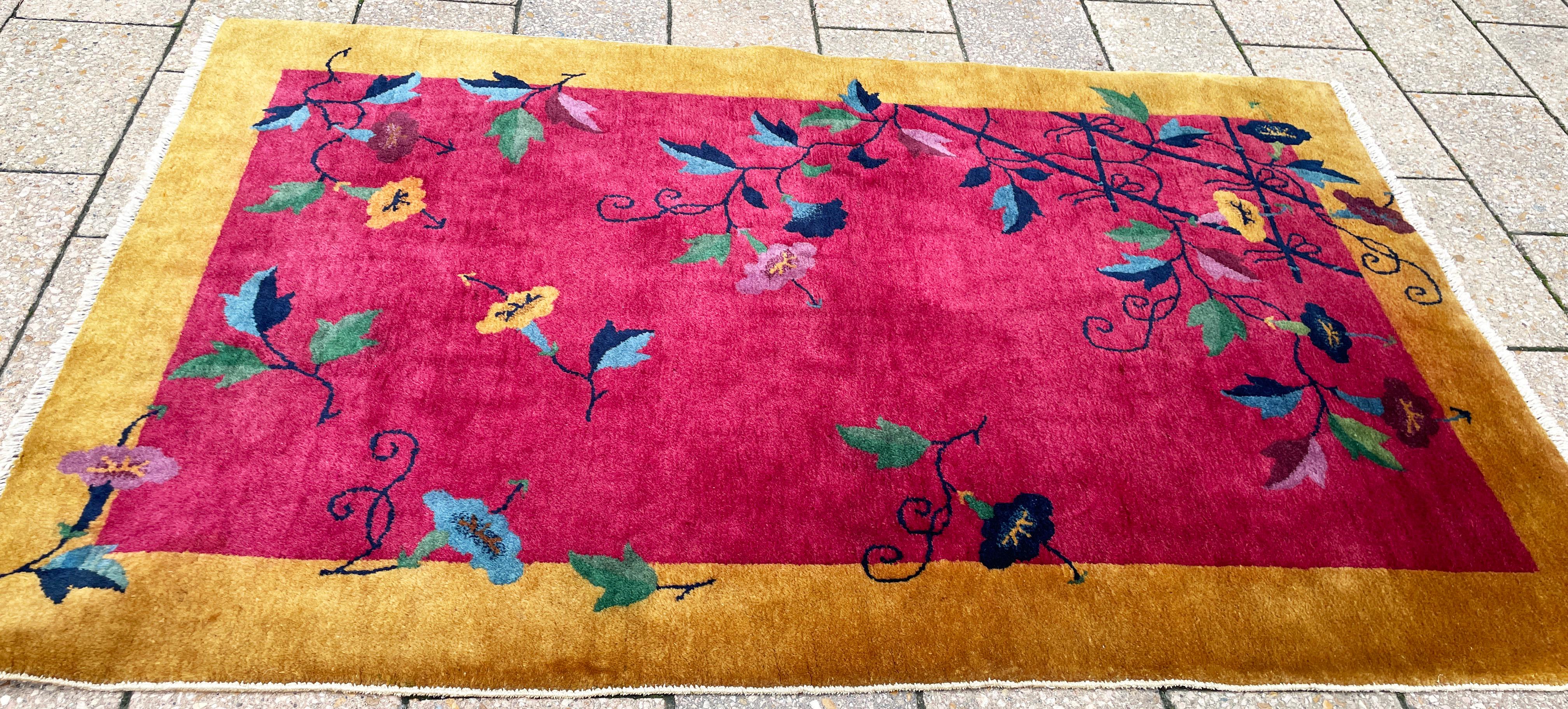 Antique Art Deco Chinese Rug, Flower lovers, 3'1