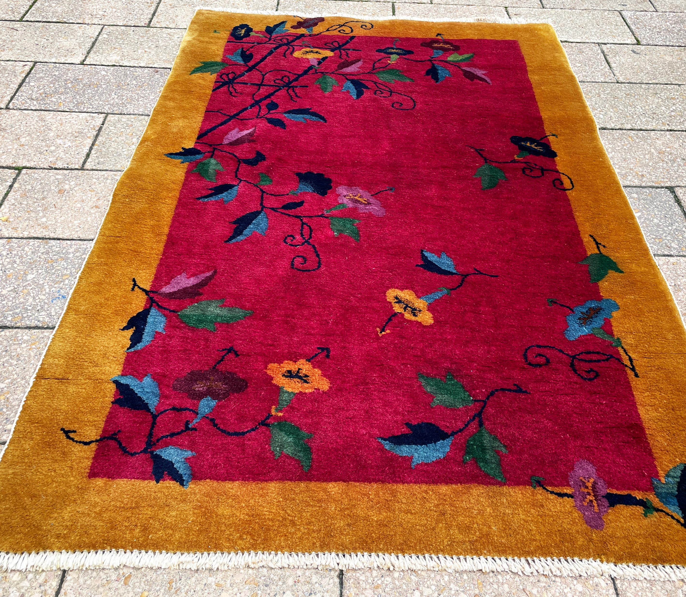 Antique Art Deco Chinese Rug, Flower lovers, 3'1