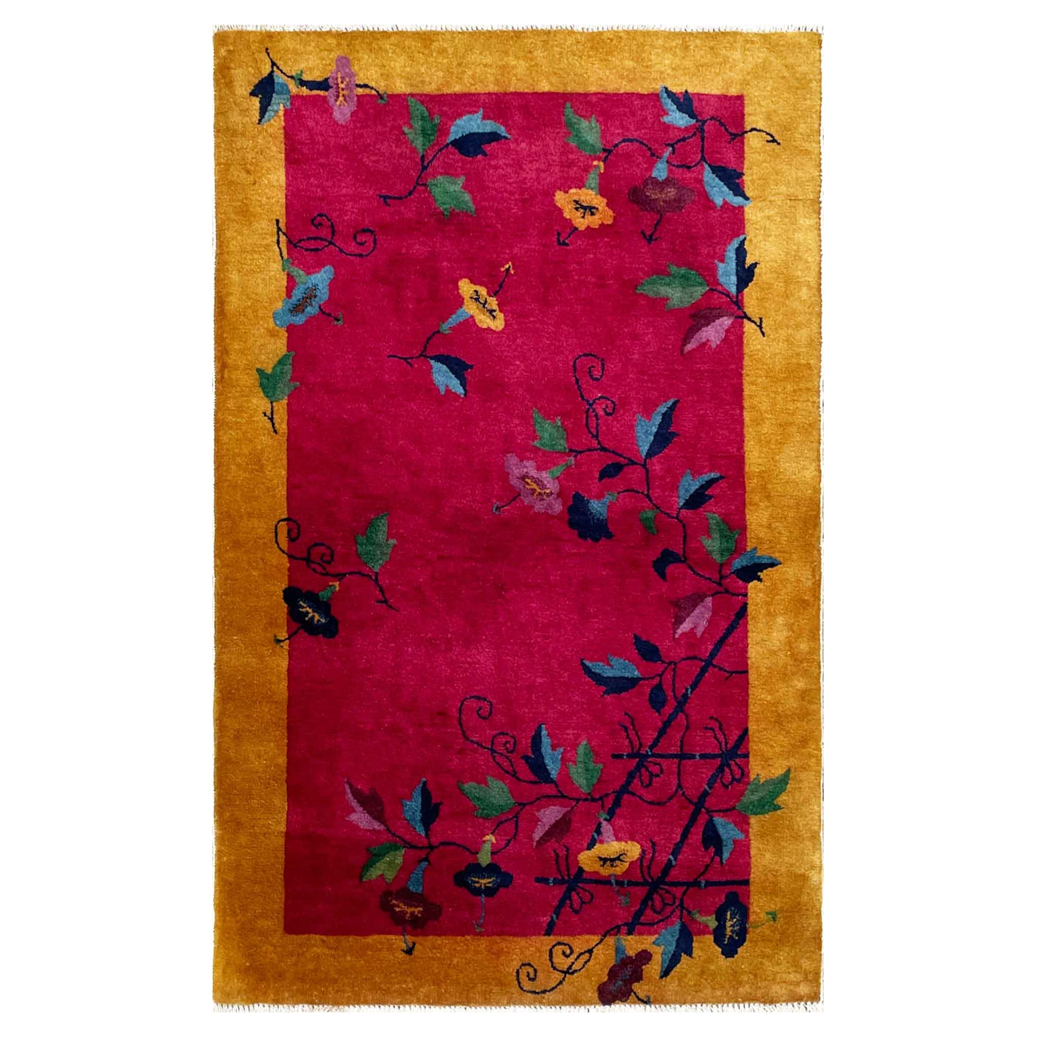 Tappeto cinese antico Art Deco, amanti dei fiori, 3'1" x 4'10" #17451, anni '20 ca. in vendita