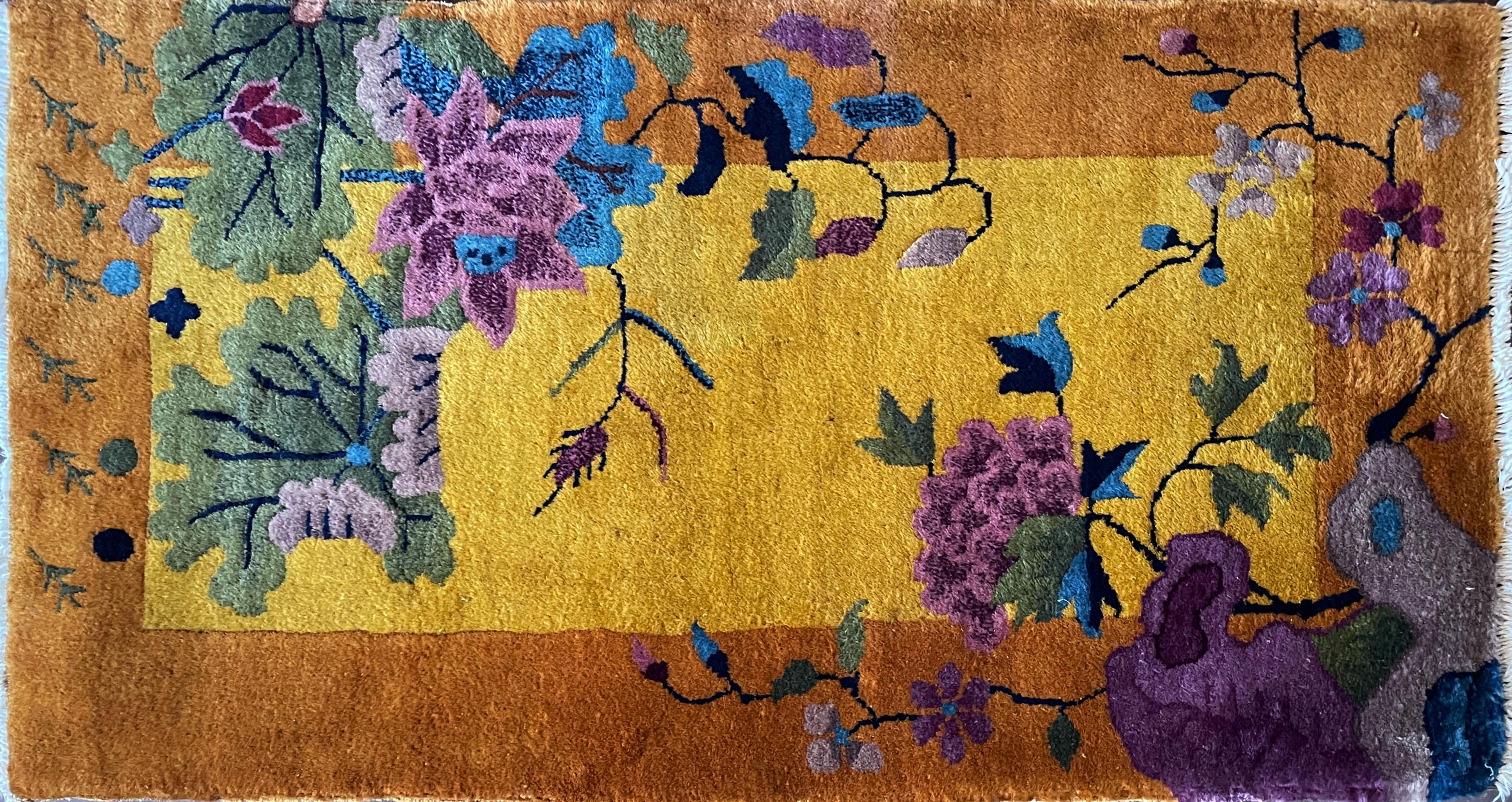 Introducing our splendid of Imperial garden Chinese art deco rug, where artistry intertwines with symbolism. The enchanting jade yellow gold field hosts a majestic garden of Life, where flowers are embracing  in harmony. Amidst the intricate design,
