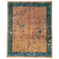 Vintage Art Deco Chinese Rug, Gold Field, Dark Green Borders