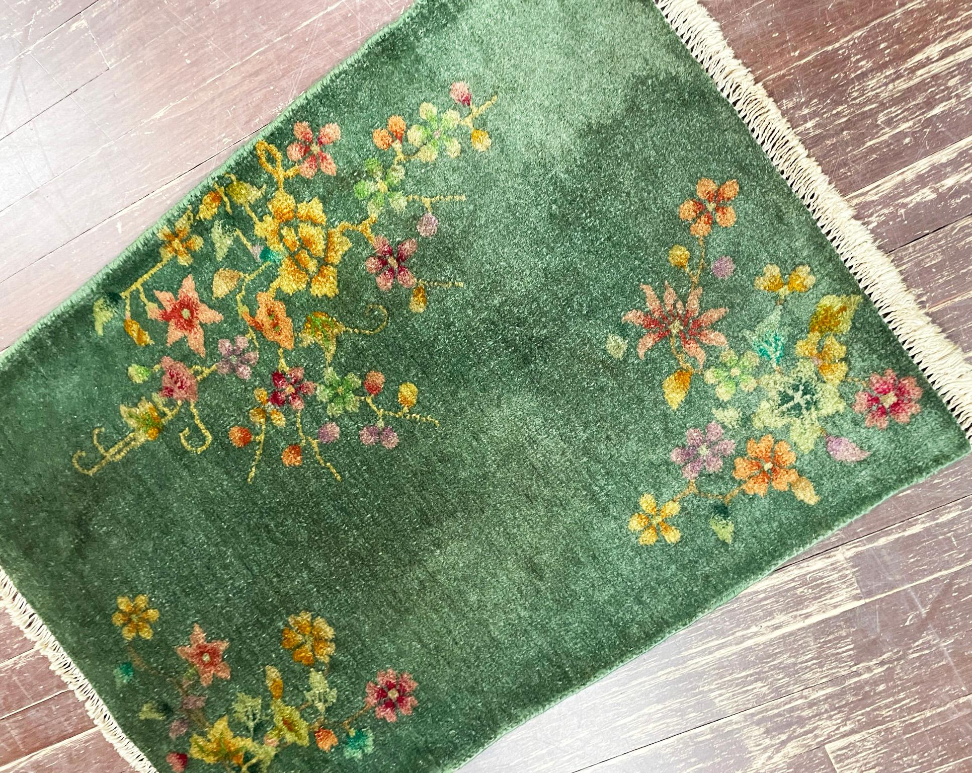 Hand-Knotted Antique Art Deco Chinese  Rug, Green, C-1920
