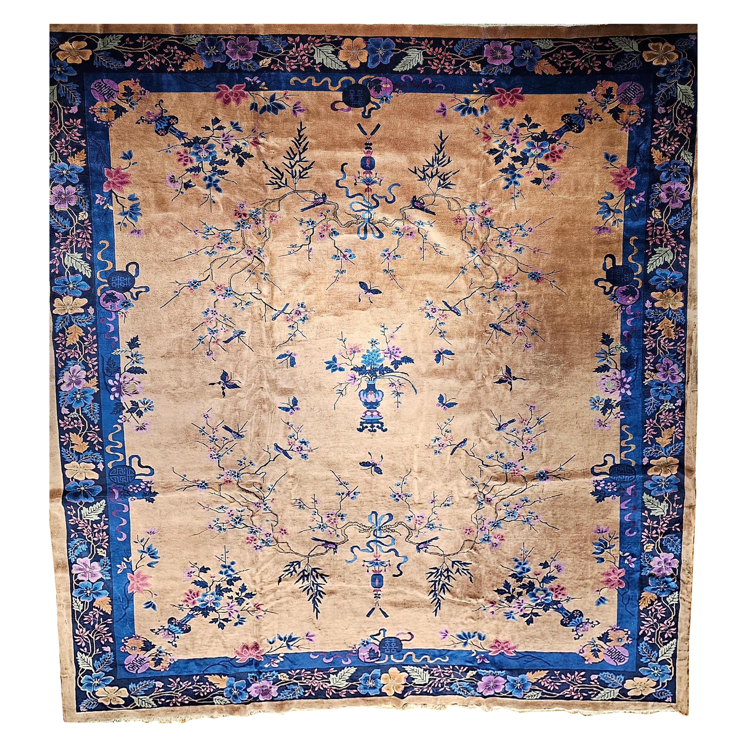 Antiker chinesischer Art-Déco-Teppich, handgewebter Wollflor, Blumenmotive, 13' x 16'