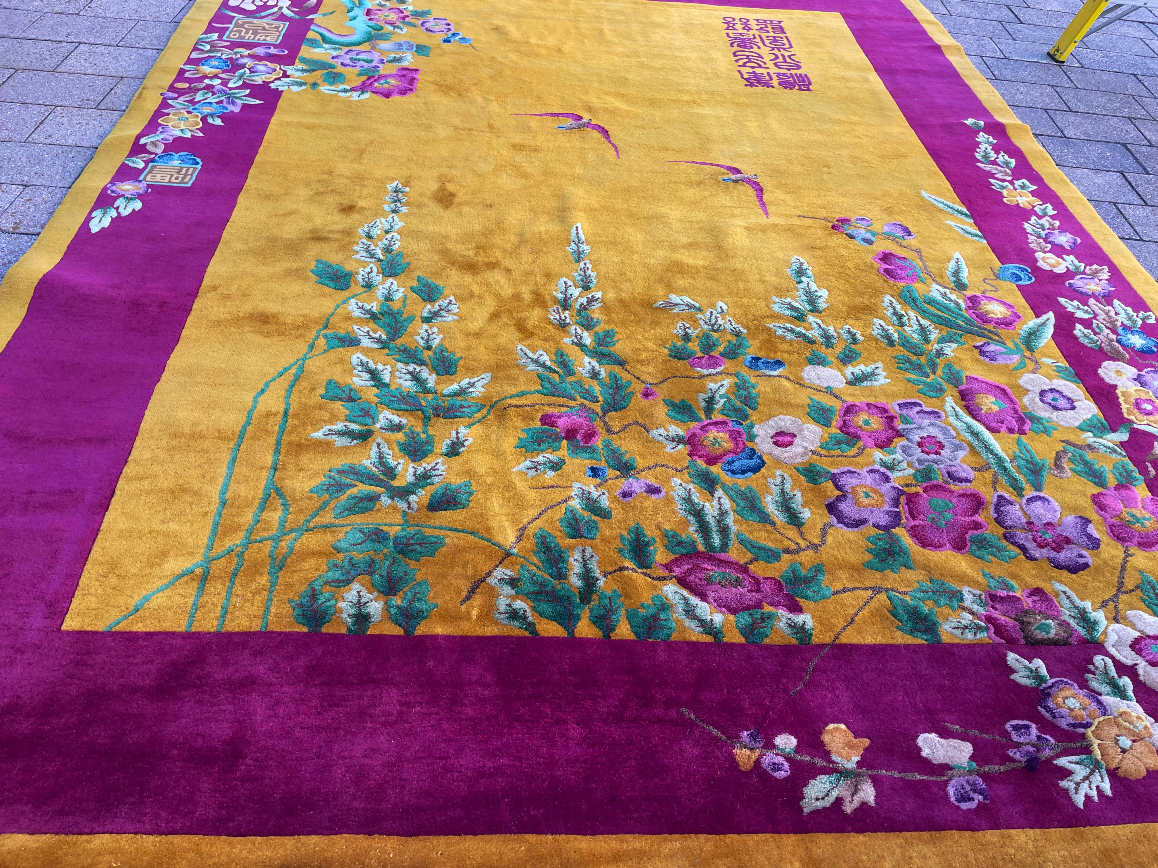 Antique Art Deco Chinese Rug Signed, c-1920, Gold color For Sale 4