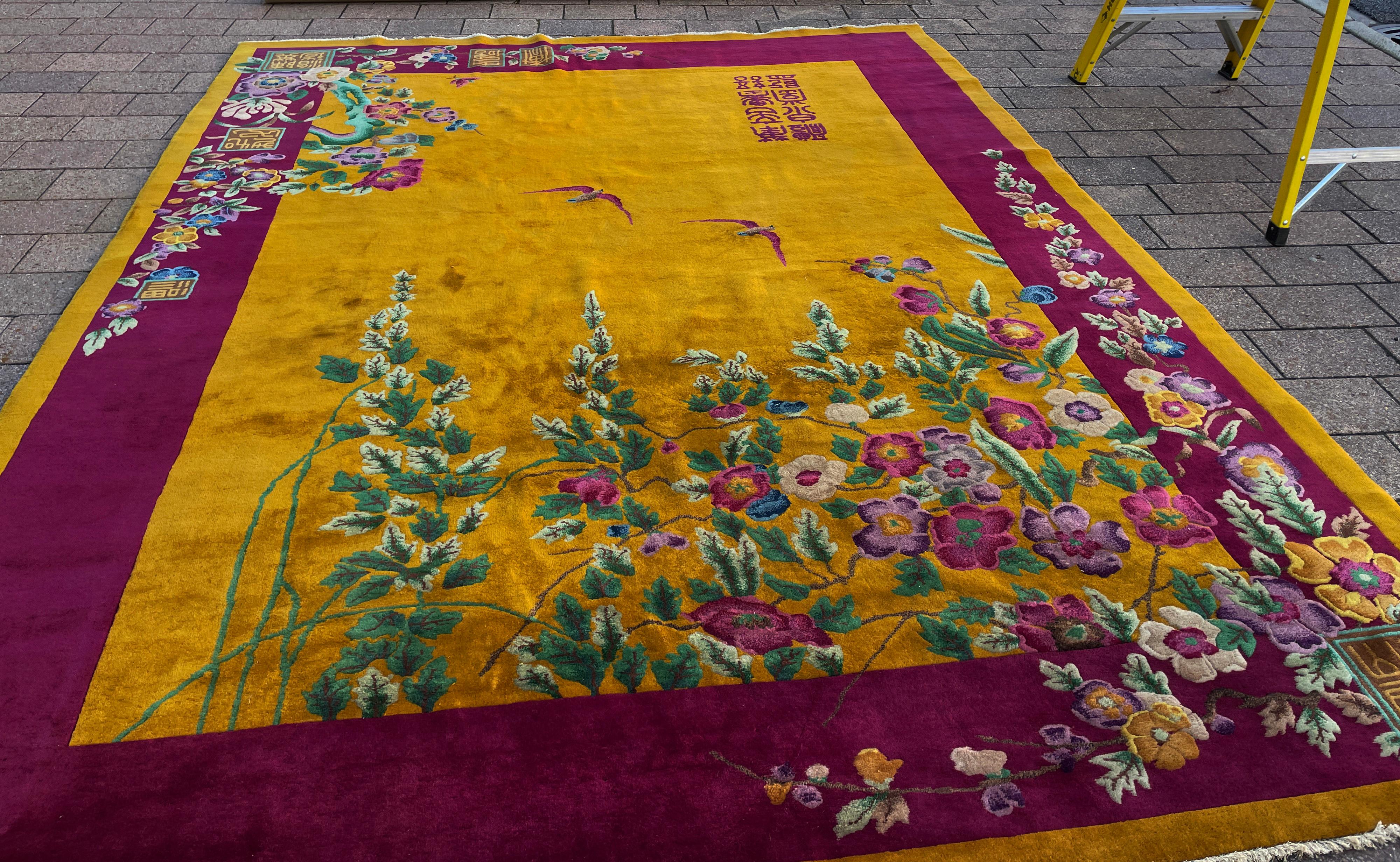 Wool Antique Art Deco Chinese Rug Signed, c-1920, Gold color For Sale