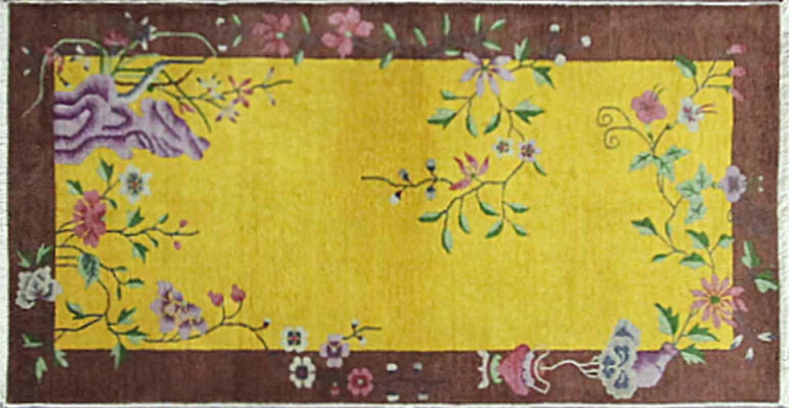 This wonderful Art Deco carpet was made in China, circa 1910s or 1920s. Walter Nichols was great American rug producer (the Art Deco rugs which he did not originate them) in Tientsin. The rugs made of wool and silk with bold vibrant colors and the