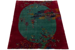 Antique Art Deco Chinese Rug  Vibrant Emerald & Garnet Wool 9x12