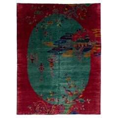 Antique Art Deco Chinese Rug  Vibrant Emerald & Garnet Wool 9x12