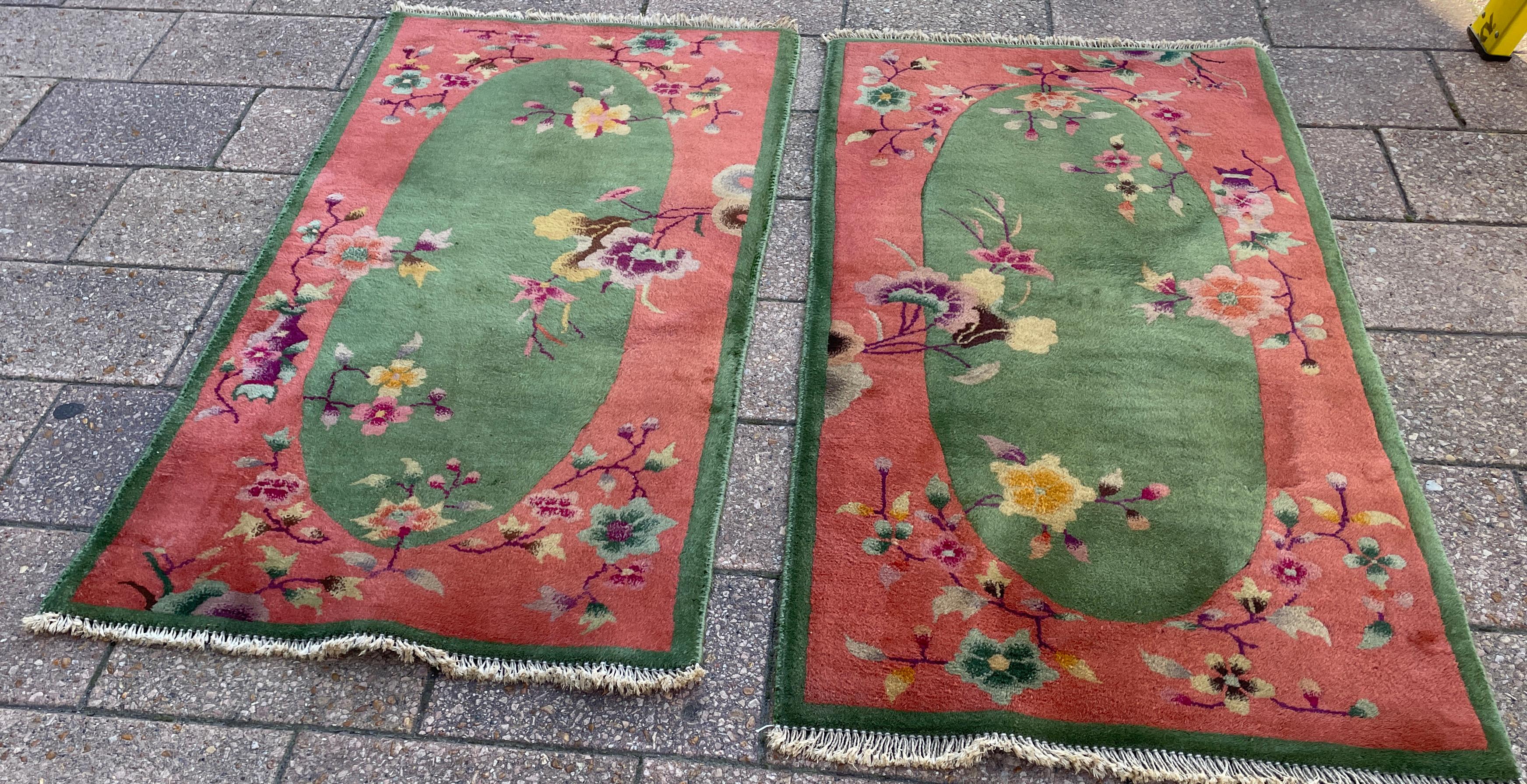 Hand-Knotted Antique Art deco Chinese Rugs, A Pair For Sale