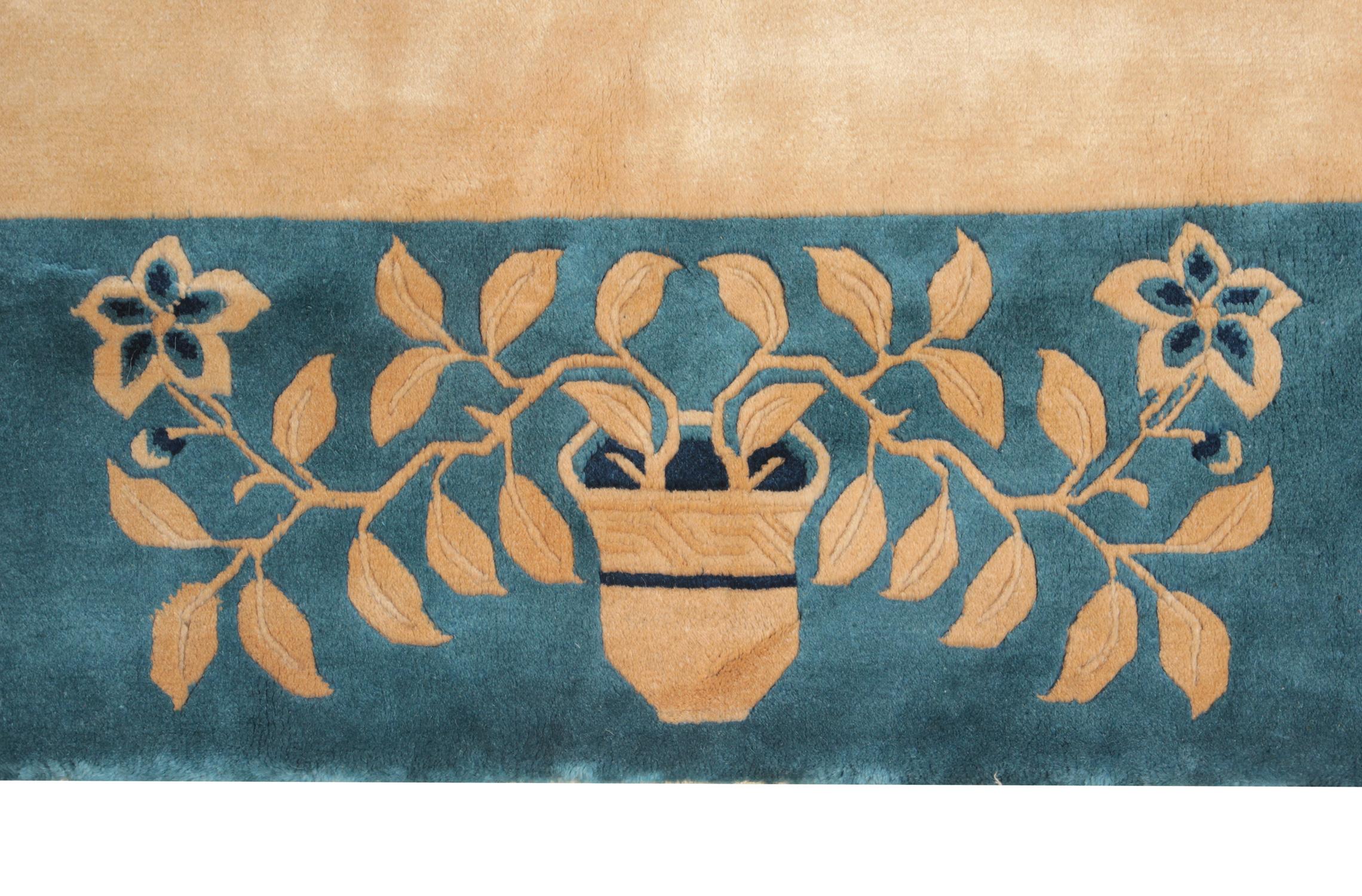 Vegetable Dyed Antique Art Deco Chinese Rugs, Beige and Blue Floral Carpet Rugs