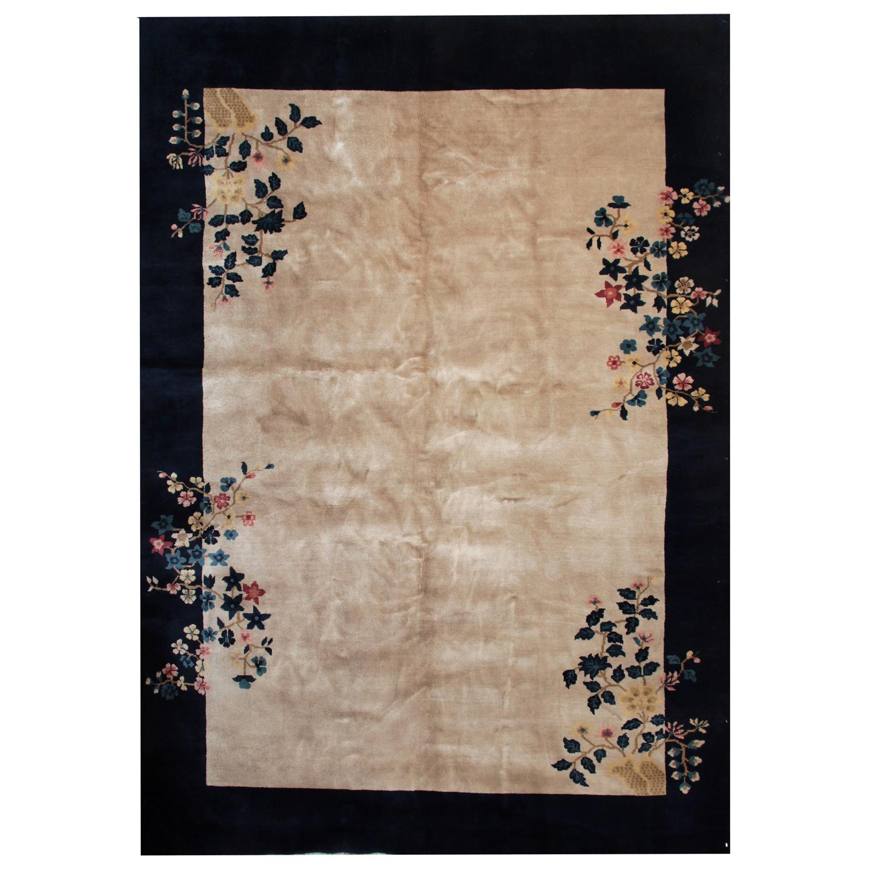 Antique Rug Art Deco Chinese Rugs, Beige Floral Handmade Carpet Oriental Rugs
