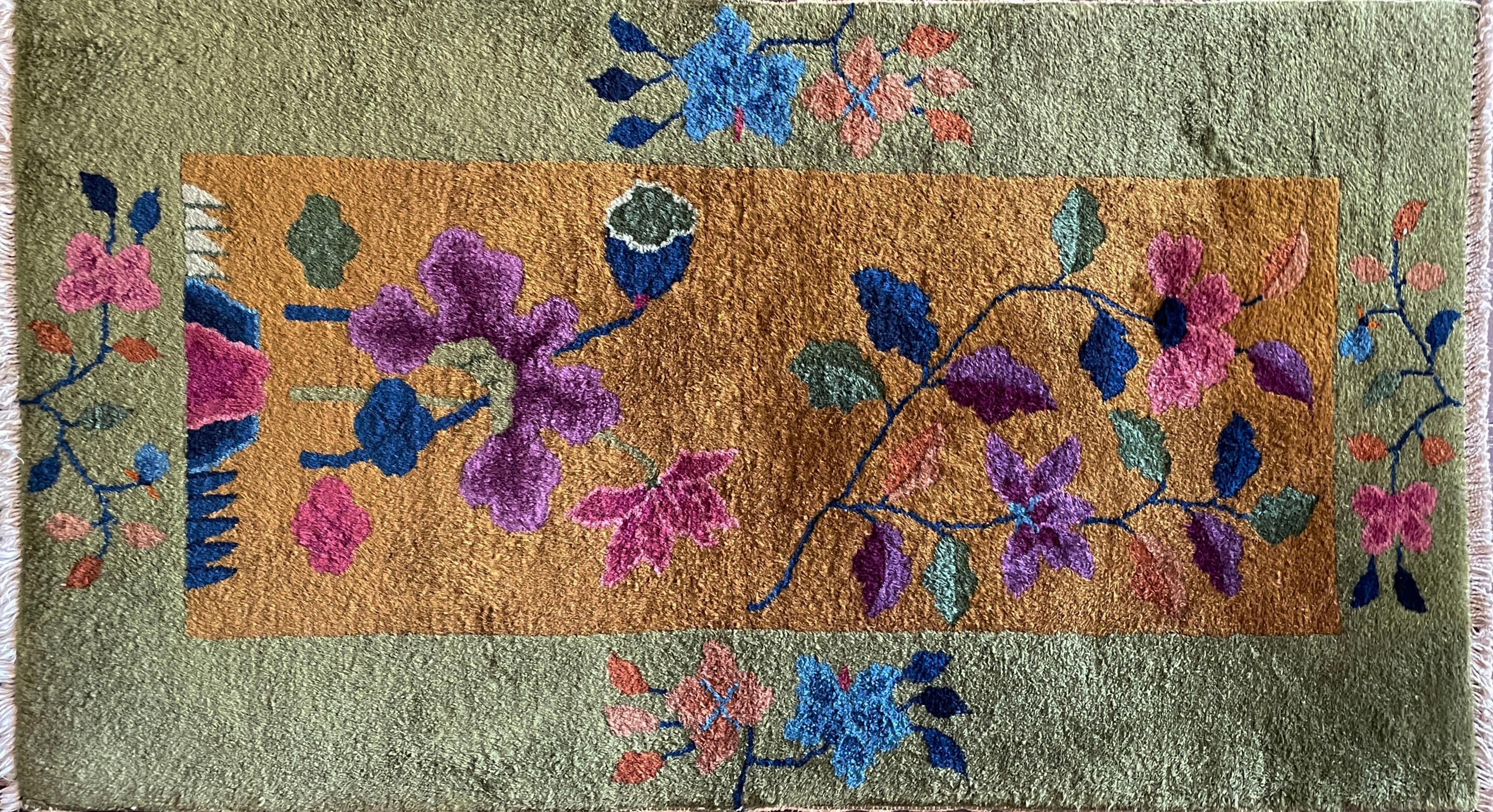 Introducing our splendid of Imperial garden Chinese art deco rug, where artistry intertwines with symbolism. The enchanting jade gold field hosts a majestic garden of Life, where flowers are embracing  in harmony. Amidst the intricate design,