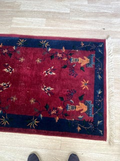 Antique Art Deco Chinese Wool Rug, Butterflies & Crimson Field, c. 1920s -1B1003