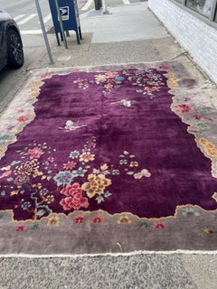 Antique Art Deco Chinese Wool Rug, Plum & Florals, c. 1920s — 8'10"×11'6" -1B996