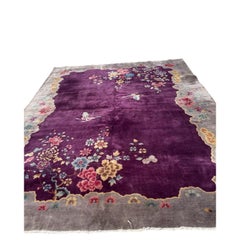 Antique Art Deco Chinese Wool Rug, Plum & Florals, c. 1920s — 8'10"×11'6" -1B996