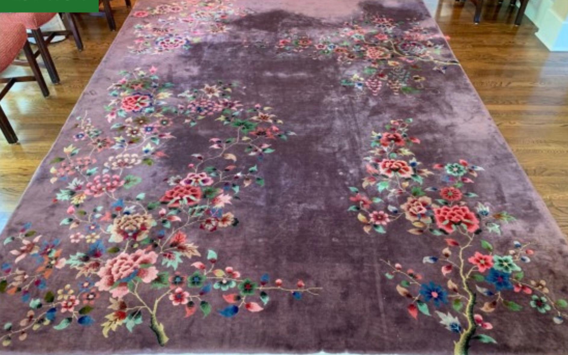 Early 20th century Chinese Deco rug, signed, full-pile, hand knotted, ends and sides complete. Stunning mellow, warm purple color from aged, natural iron oxide purple dye, identifiable by soft, warm tone and areas of 