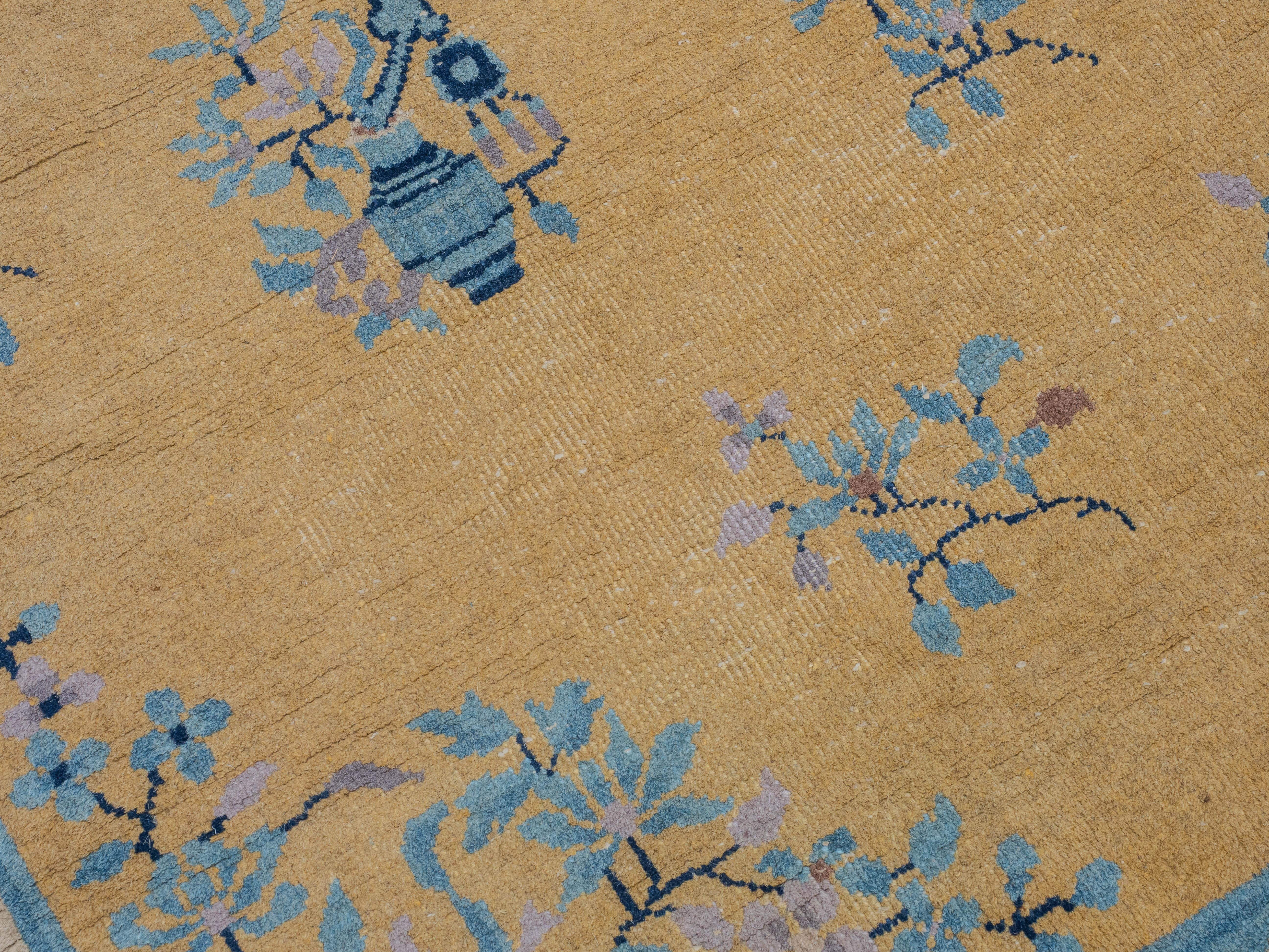 Antique Art Deco Chinese Yellow Blue Carpet 12' x 9' Circa 1920 (371x274cm Rug) For Sale 5
