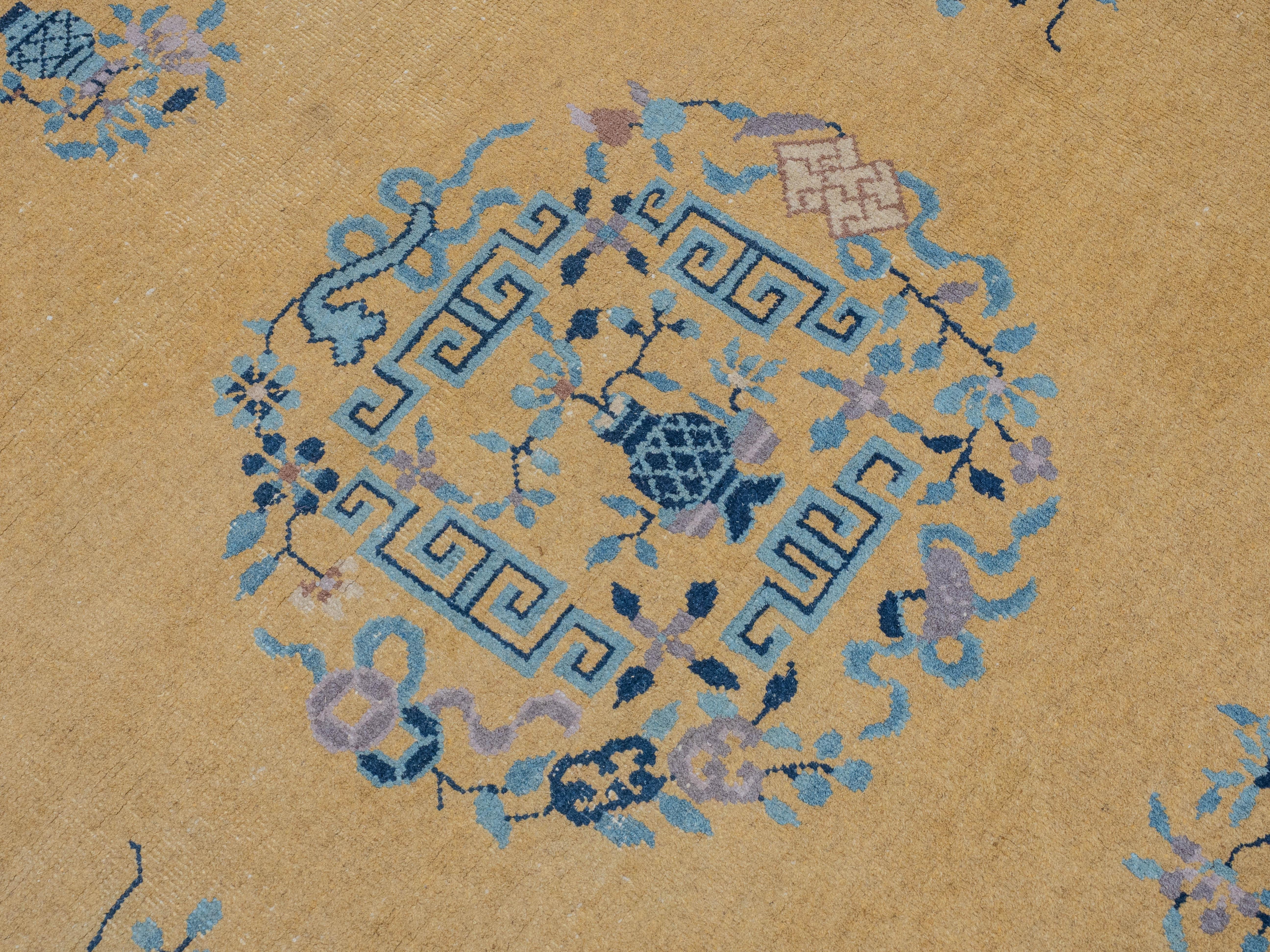 Antique Art Deco Chinese Yellow Blue Carpet 12' x 9' Circa 1920 (371x274cm Rug) For Sale 6