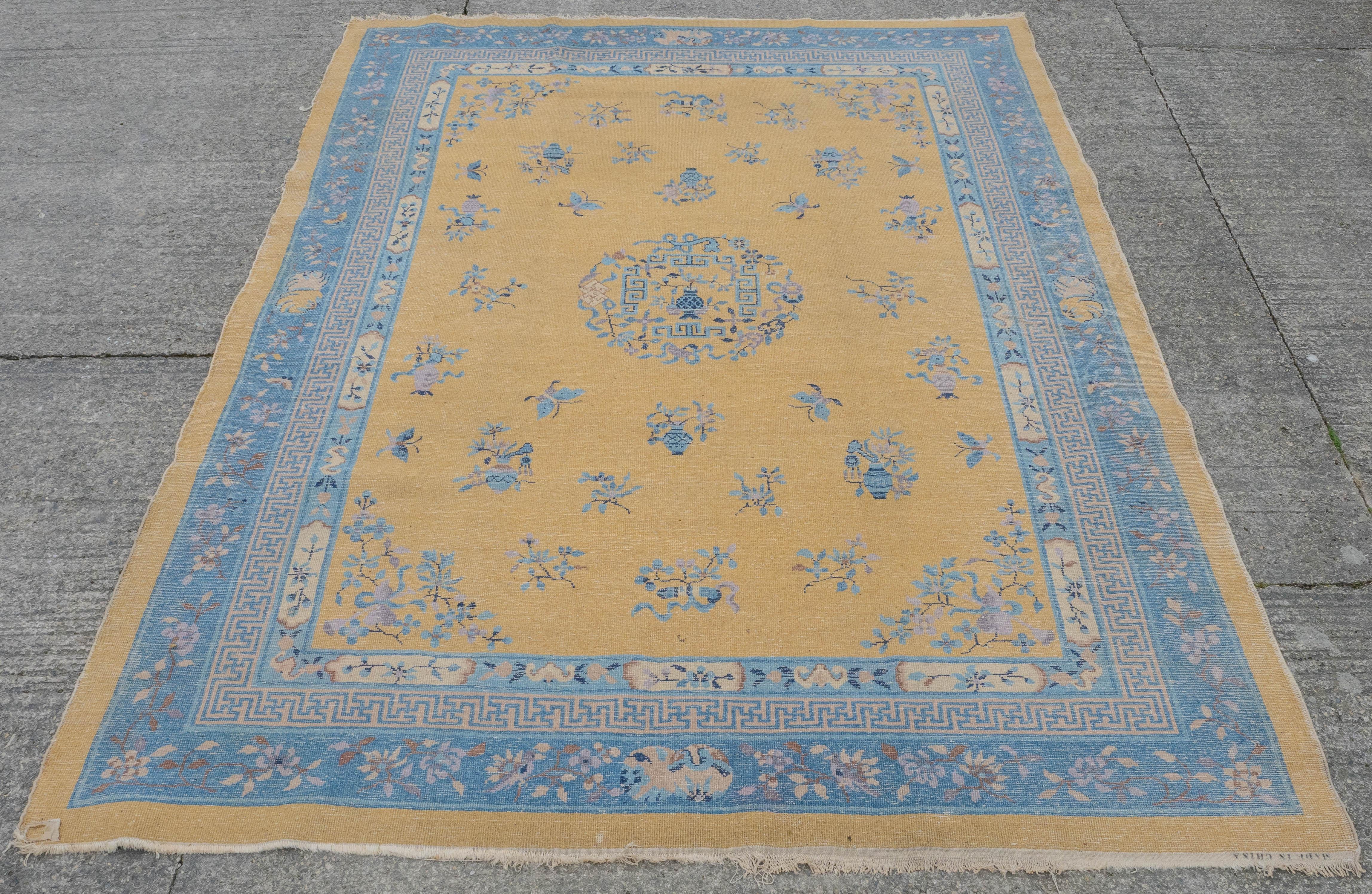 Antique Art Deco Chinese Yellow Blue Carpet 12' x 9' Circa 1920 (371x274cm Rug) For Sale 11