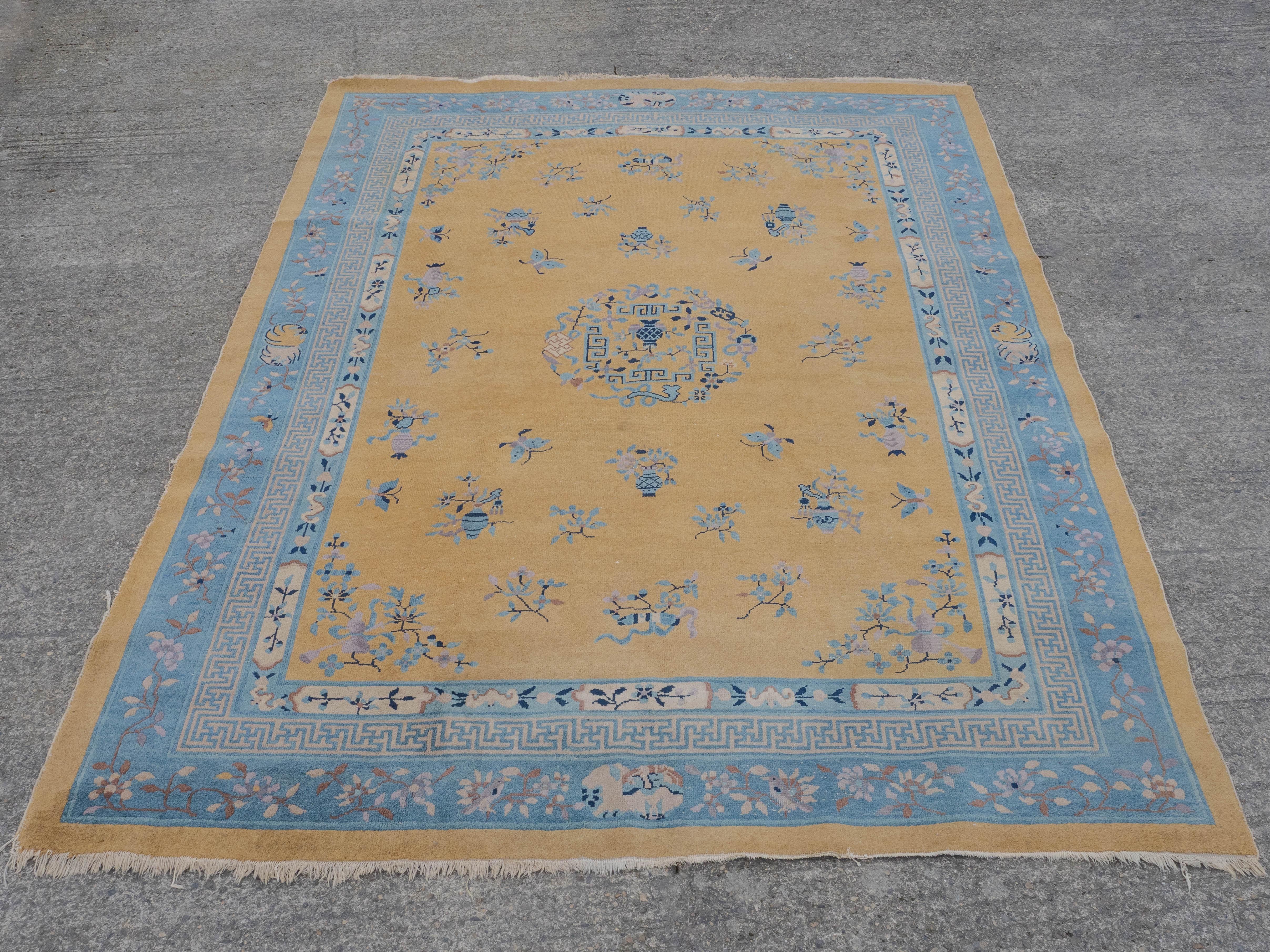 Hand-Woven Antique Art Deco Chinese Yellow Blue Carpet 12' x 9' Circa 1920 (371x274cm Rug) For Sale