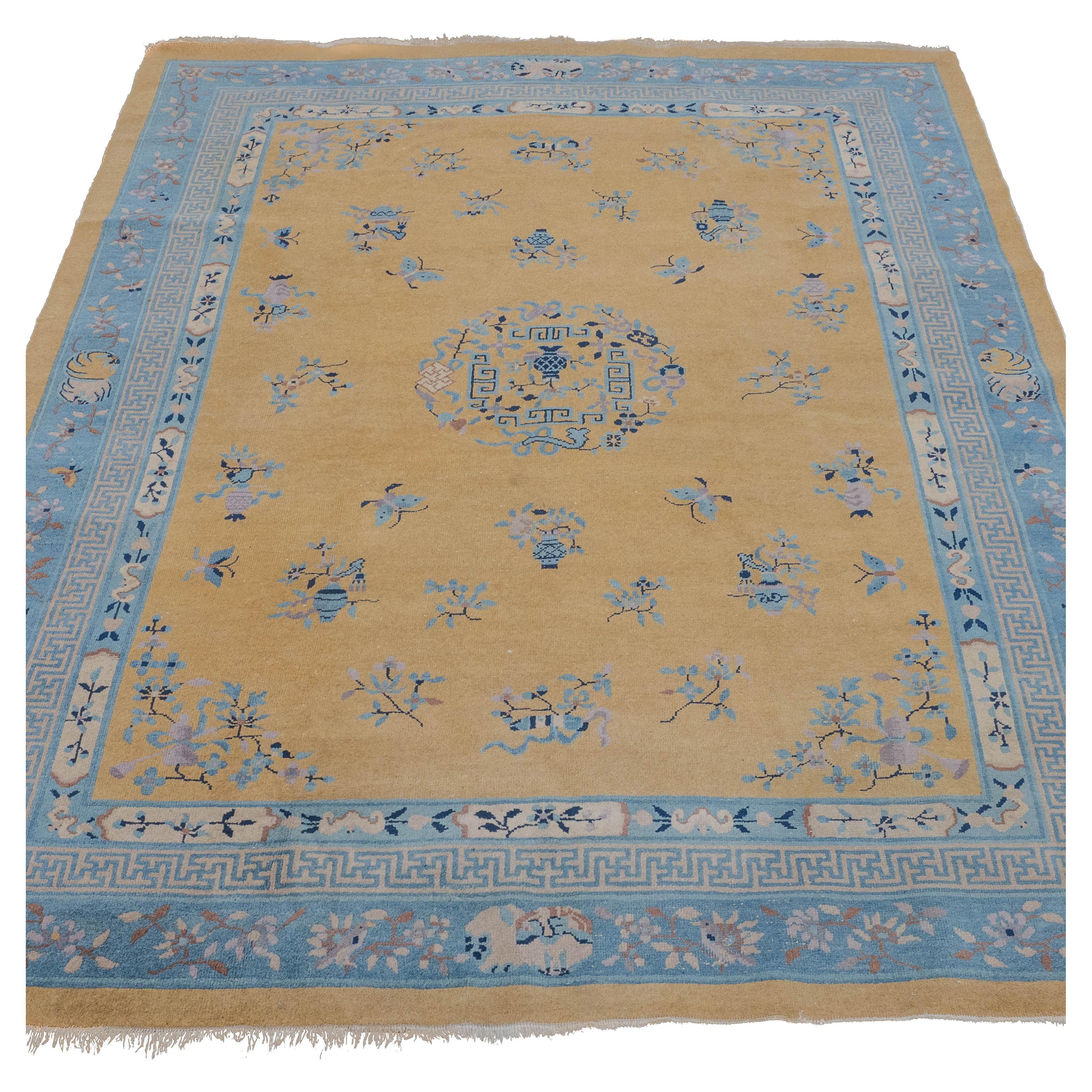 Antique Art Deco Chinese Yellow Blue Carpet 12' x 9' Circa 1920 (371x274cm Rug) For Sale
