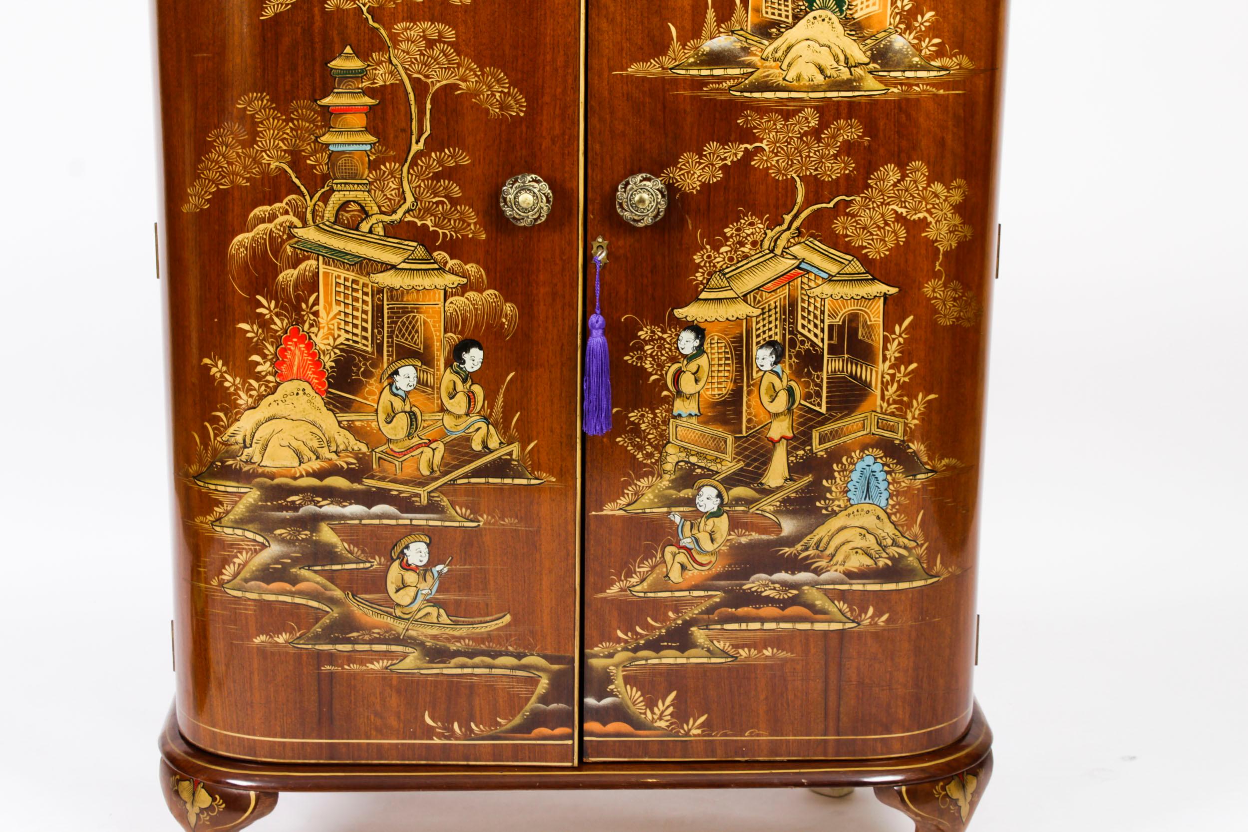 Walnut Antique Art Deco Chinoiserie Cocktail Cabinet Dry Bar Harrods Early 20th Century