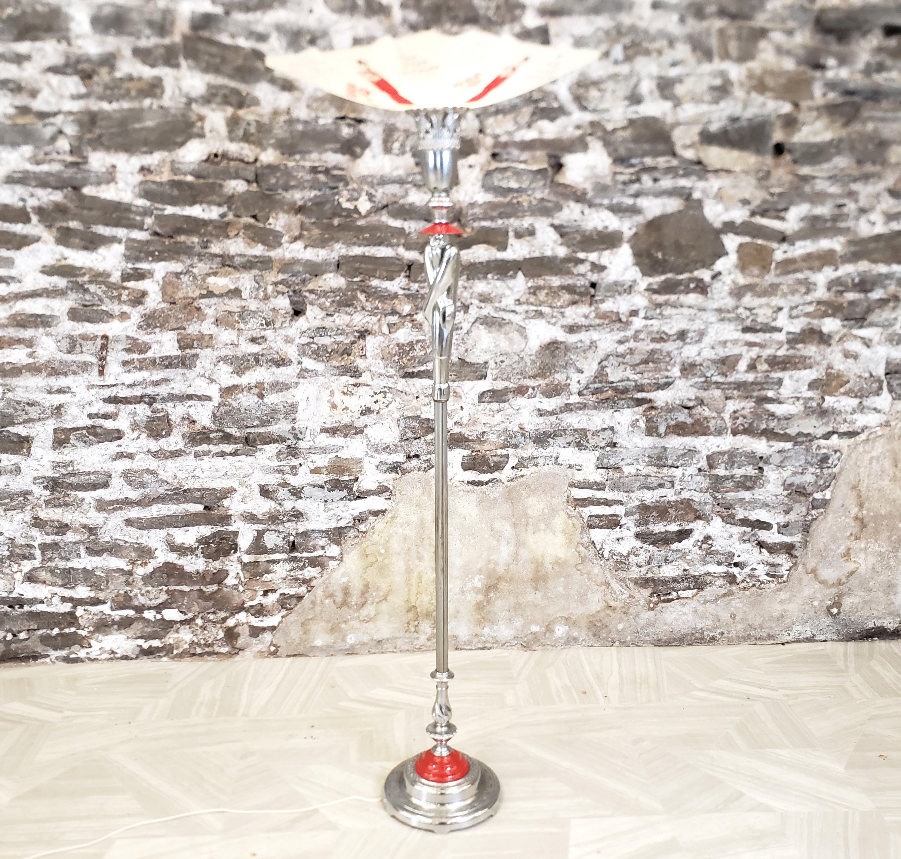 Machine-Made Antique Art Deco Chinoiserie Styled Chrome Torchiere Floor Lamp For Sale
