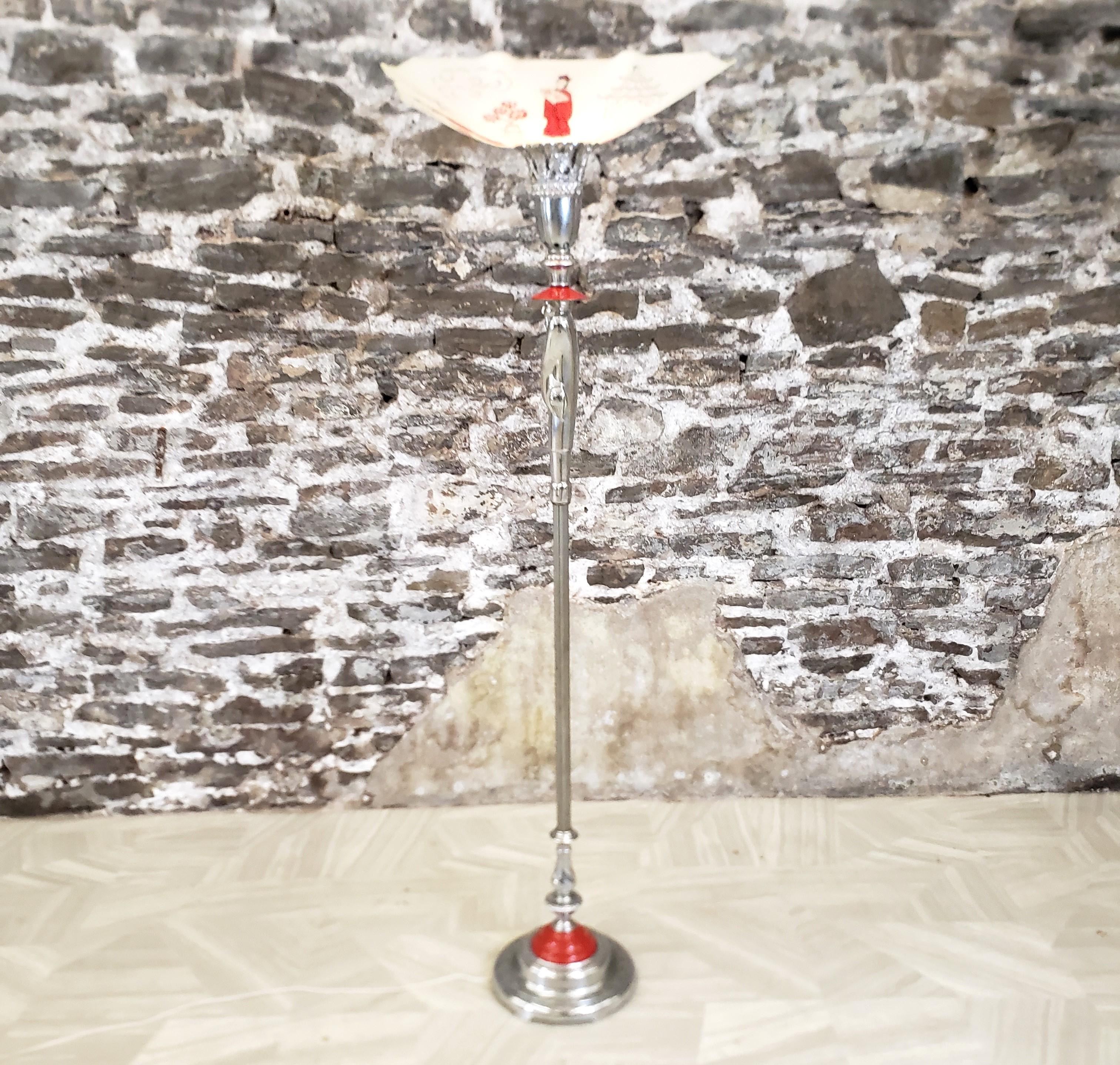 Antique Art Deco Chinoiserie Styled Chrome Torchiere Floor Lamp In Good Condition For Sale In Hamilton, Ontario