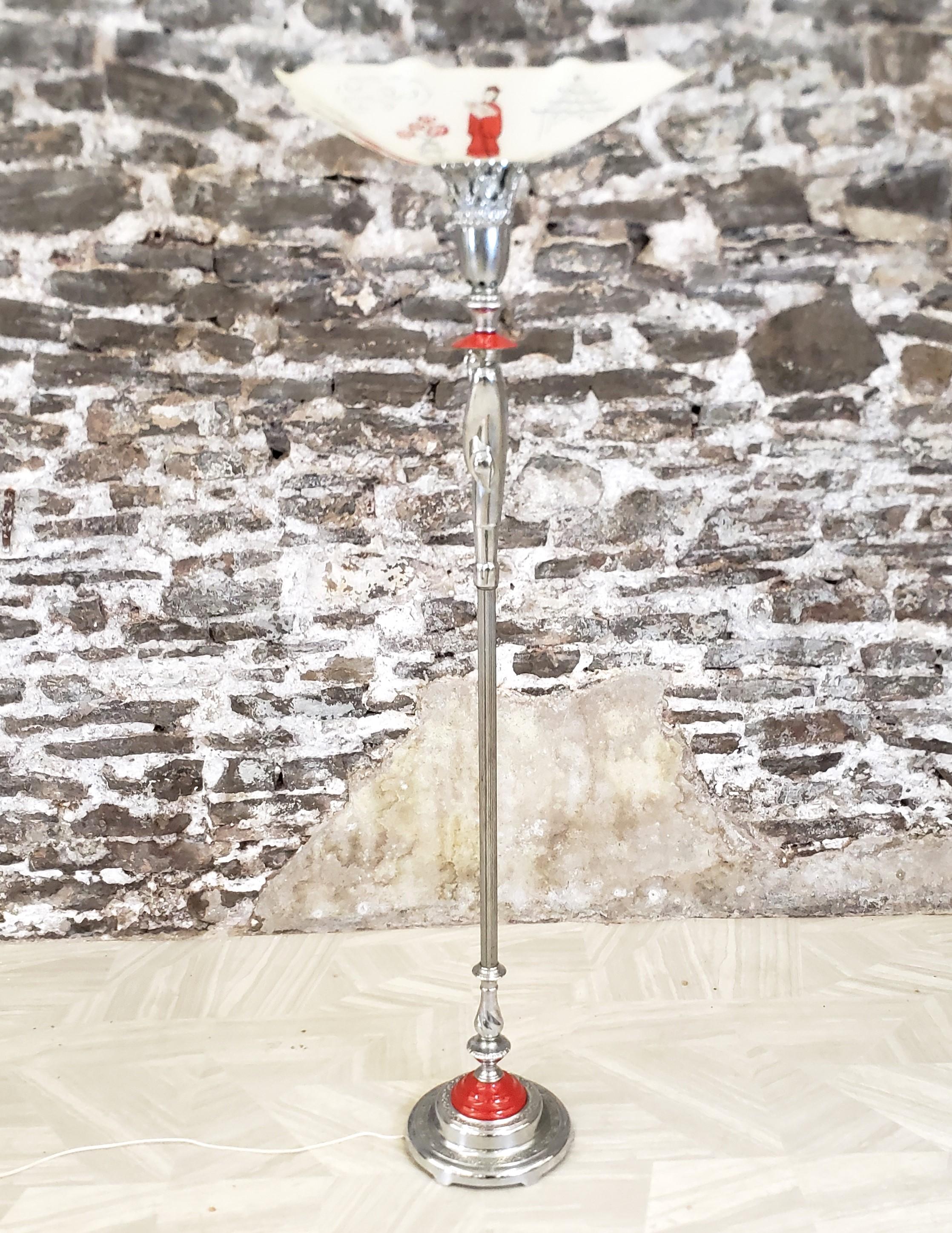 20th Century Antique Art Deco Chinoiserie Styled Chrome Torchiere Floor Lamp For Sale