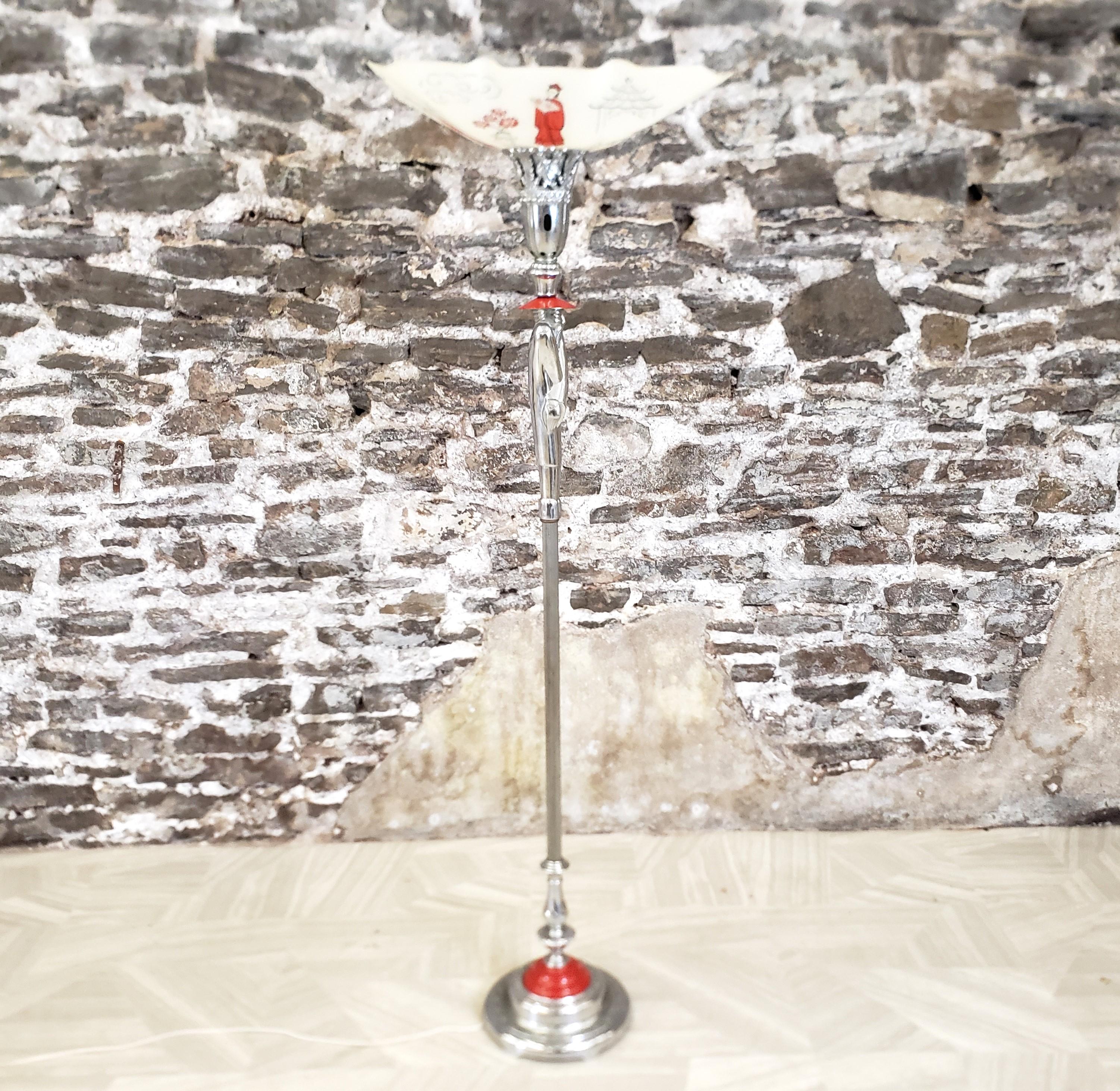 Antike Art-Déco-Stehlampe aus Chrom mit Fackeln im Chinoiserie-Stil, Chinoiserie-Stil (20. Jahrhundert) im Angebot