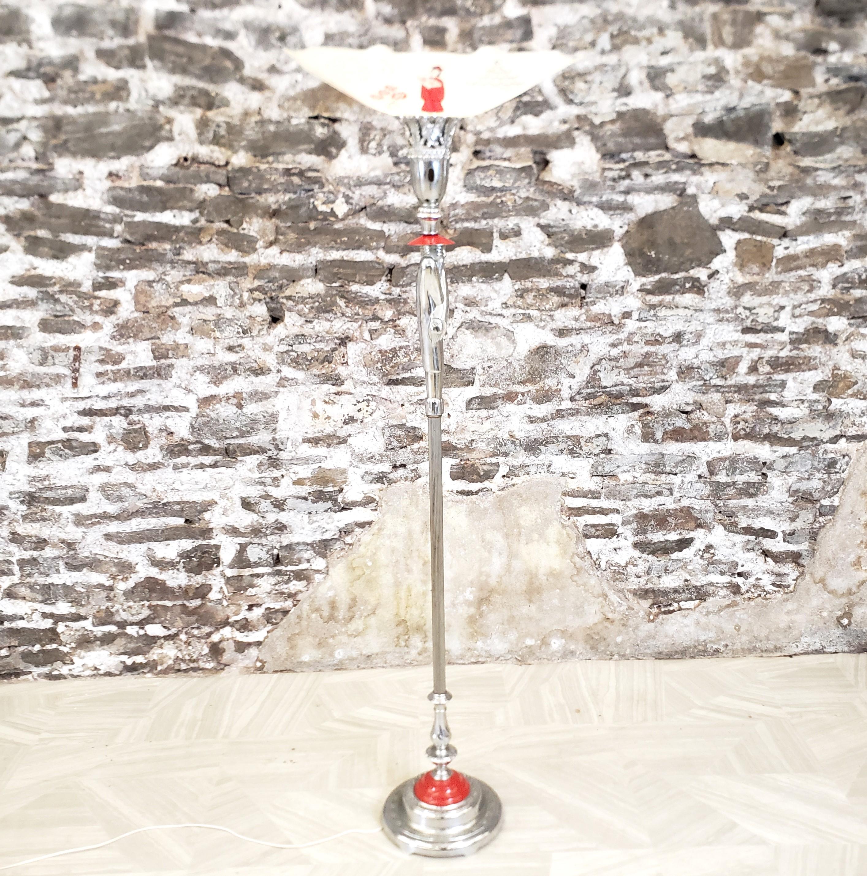 Antike Art-Déco-Stehlampe aus Chrom mit Fackeln im Chinoiserie-Stil, Chinoiserie-Stil (Metall) im Angebot