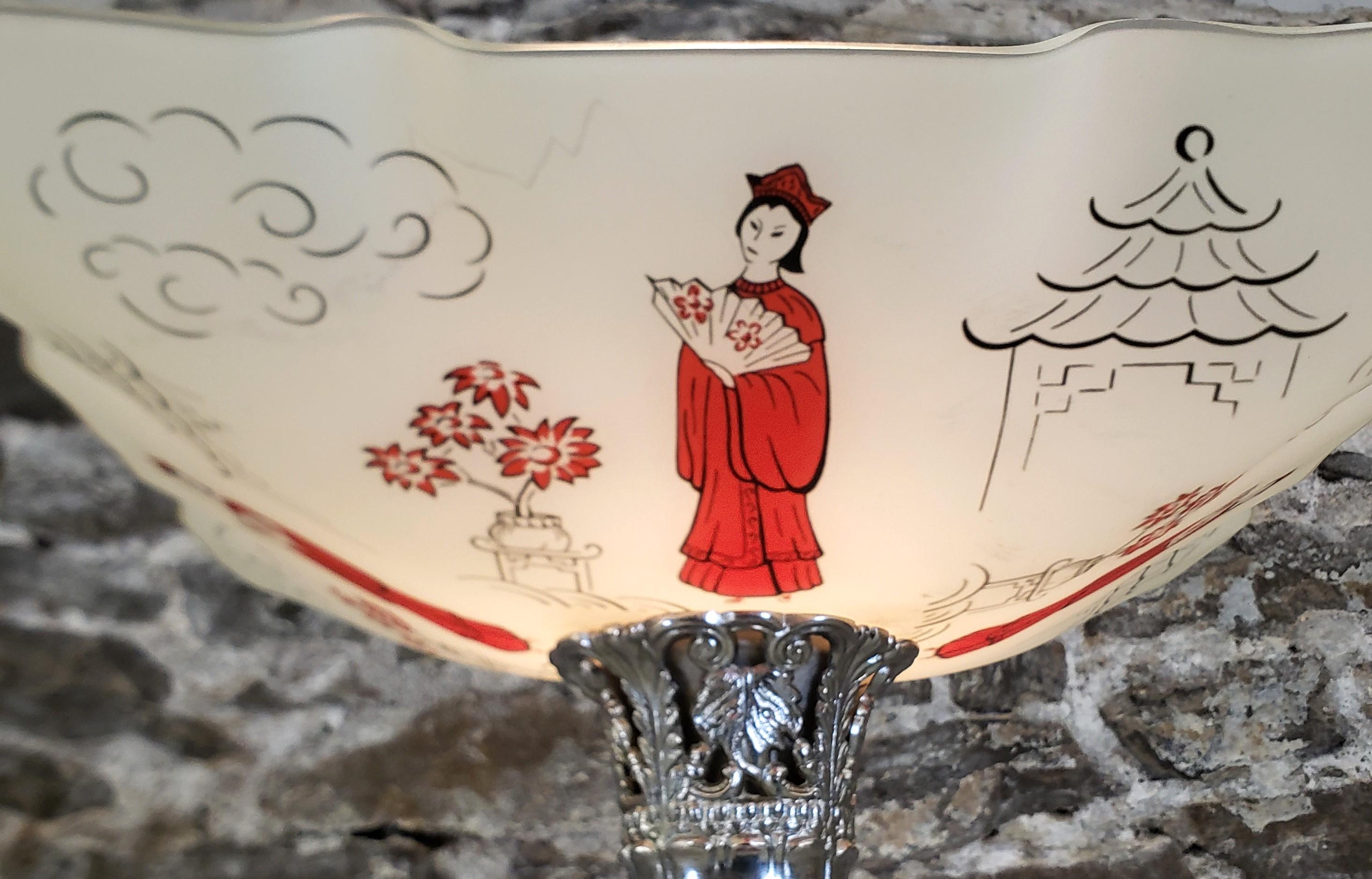 Antike Art-Déco-Stehlampe aus Chrom mit Fackeln im Chinoiserie-Stil, Chinoiserie-Stil im Angebot 1