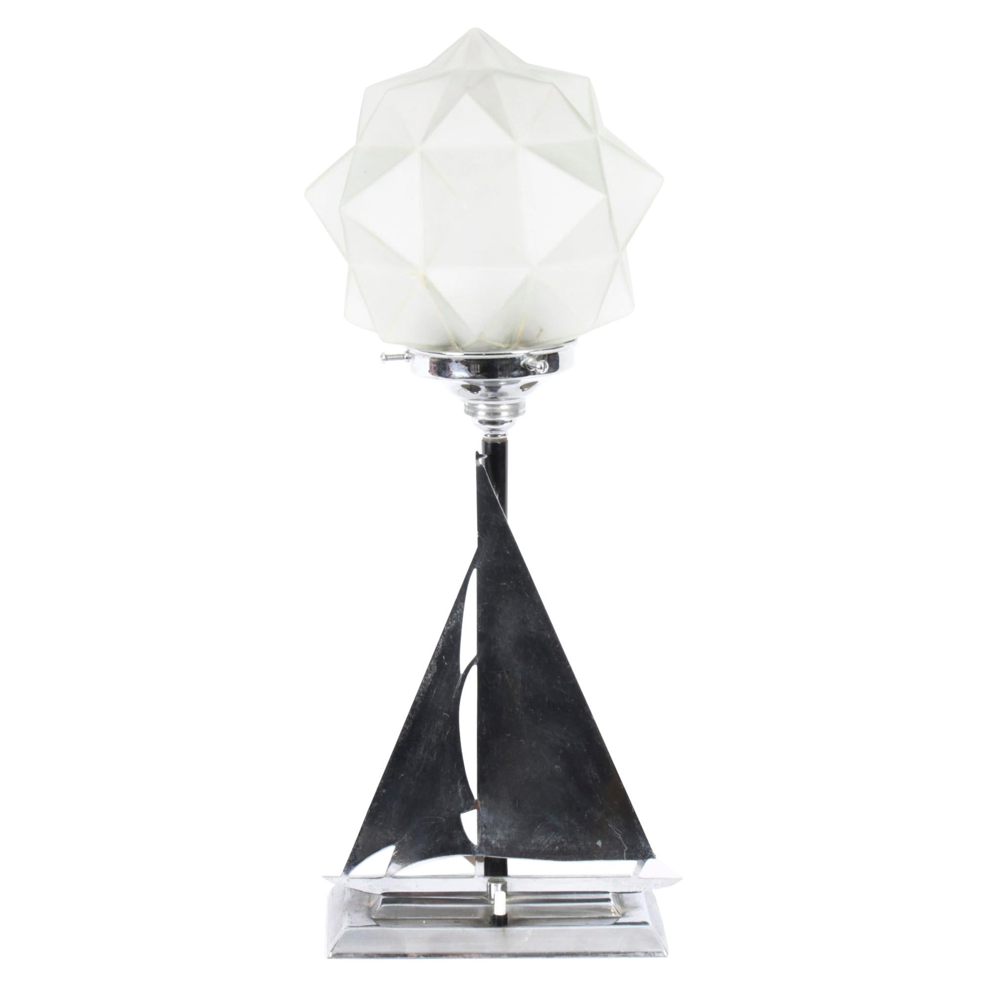 Antique Art Deco Chrome Sail Yacht Lamp, 1920s