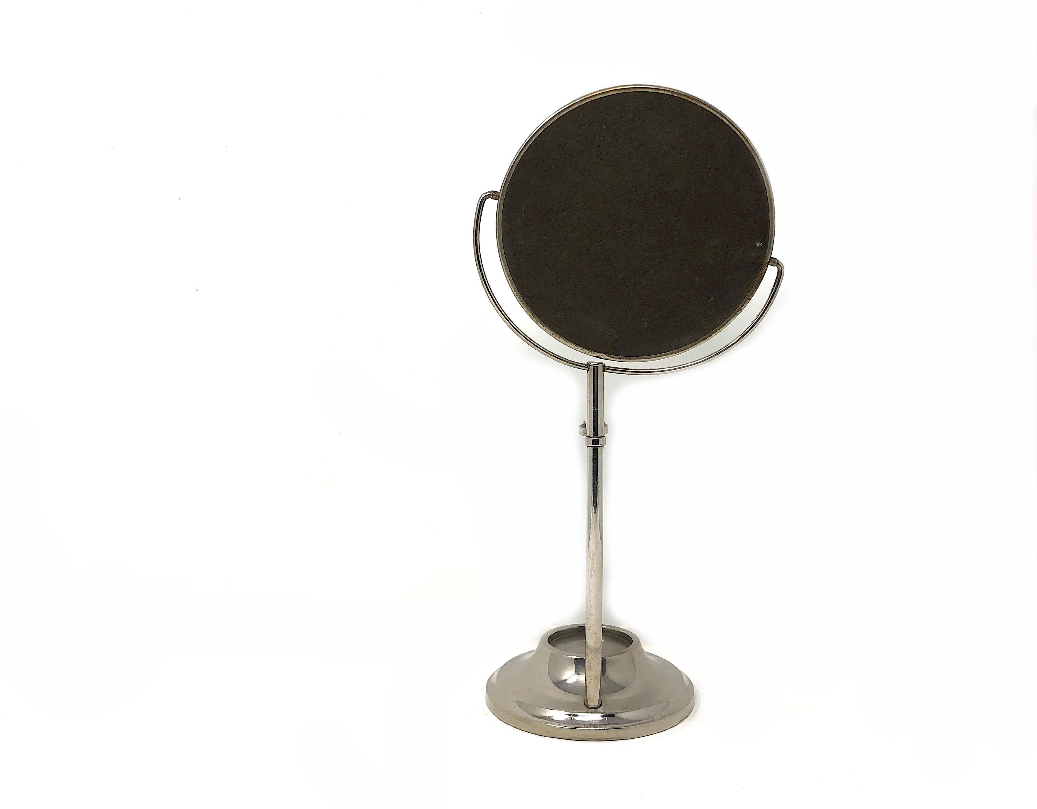 American Antique Art Deco Chrome Silver Pedestal Shaving Mirror on Stand with Holder For Sale